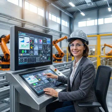 Engineer configuring industrial HMI system in manufacturing control room