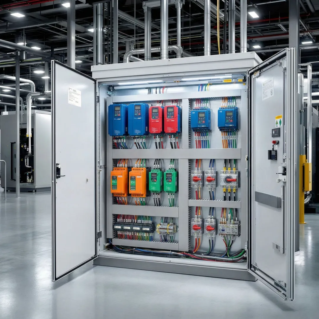 Industrial motor control center with organized components in Virginia manufacturing facility