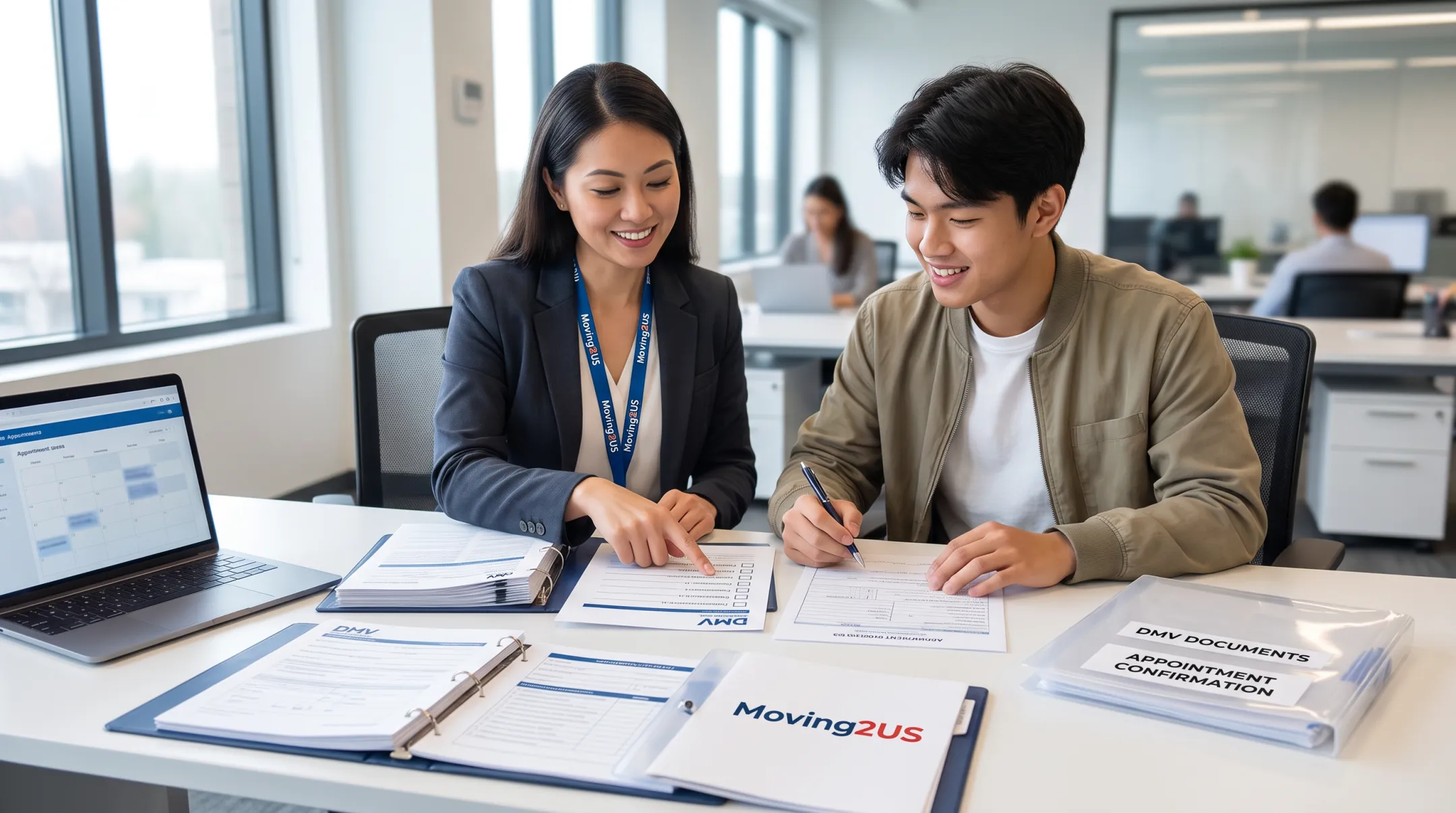 Relocation support specialist organizing student DMV application paperwork
