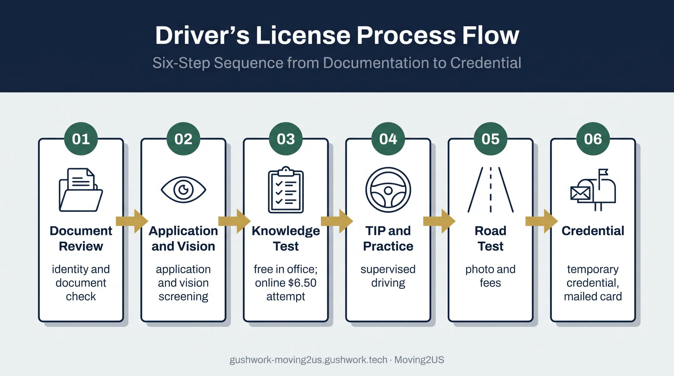 Six-step Michigan driver license application process flow