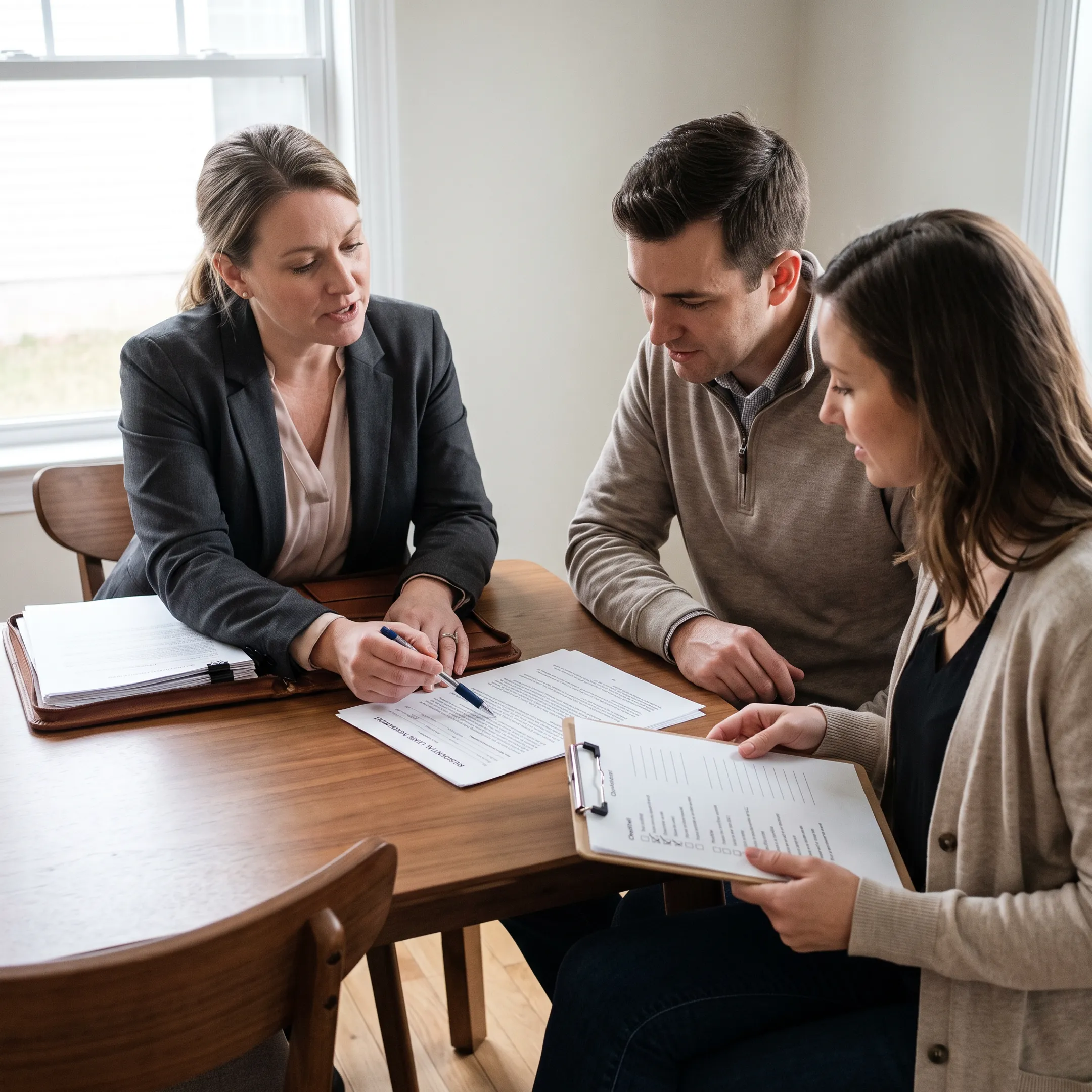 Relocation consultant helping newcomers review a U.S. rental lease