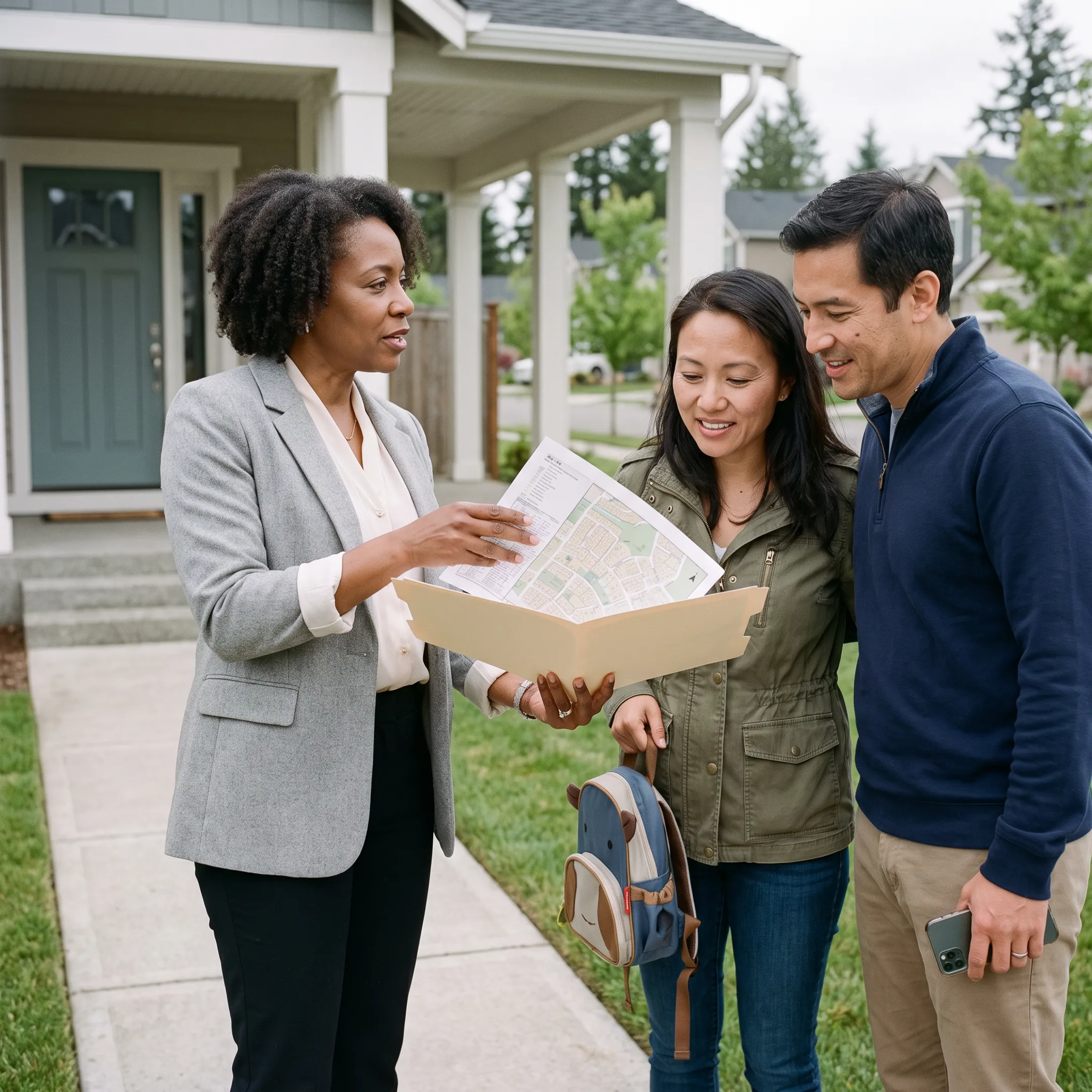 Relocation consultant guiding an international family through a U.S. neighborhood
