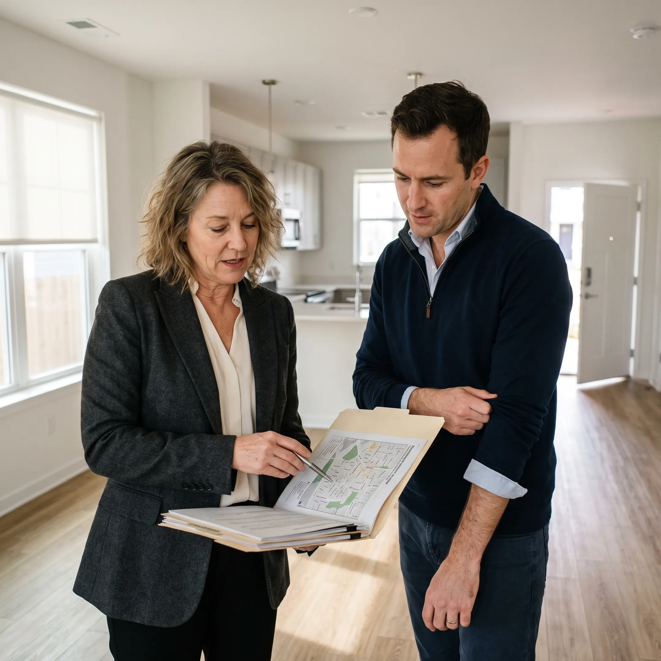 Relocation consultant guiding an executive through a U.S. home search and arrival setup