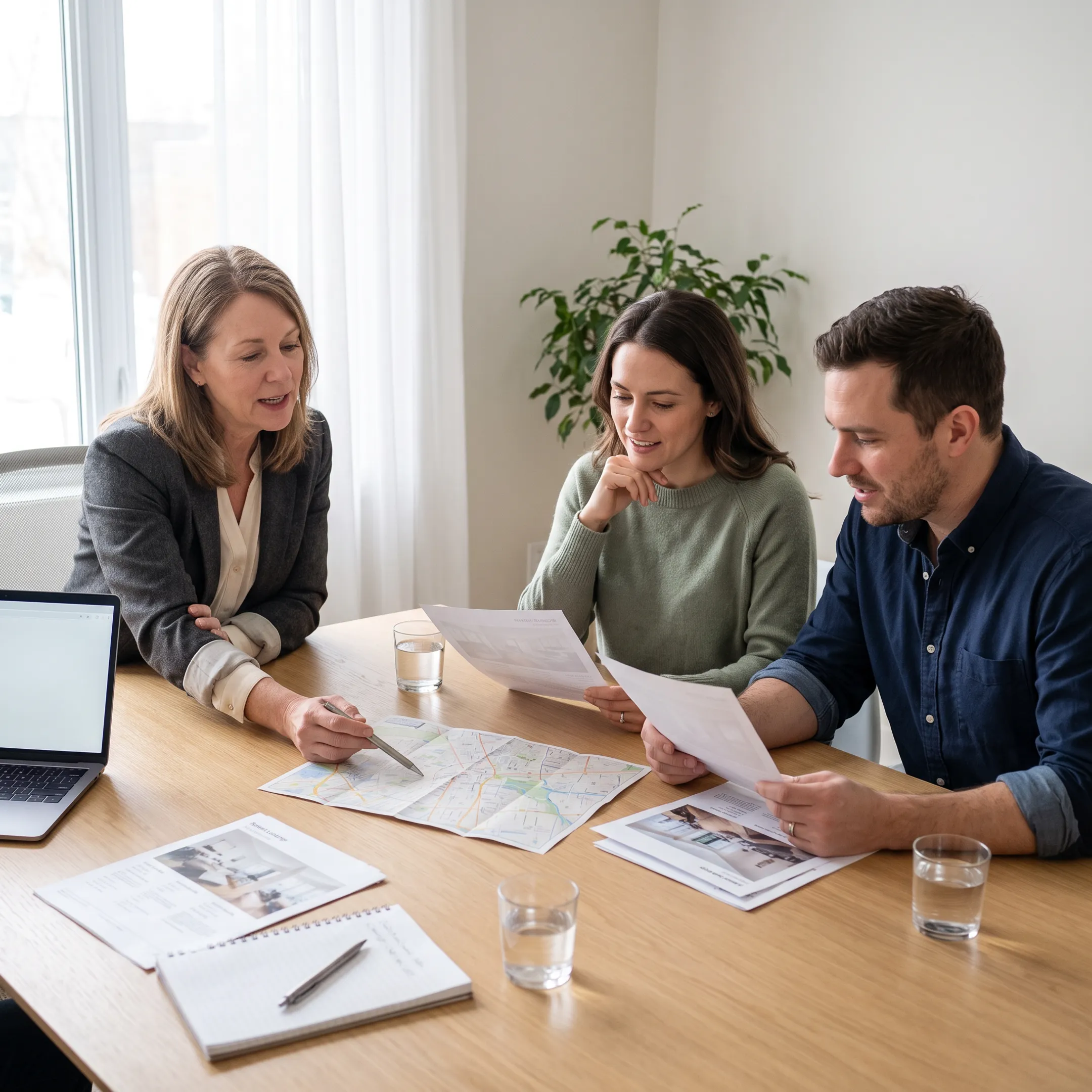 Relocation consultant reviewing rental options with an expat couple