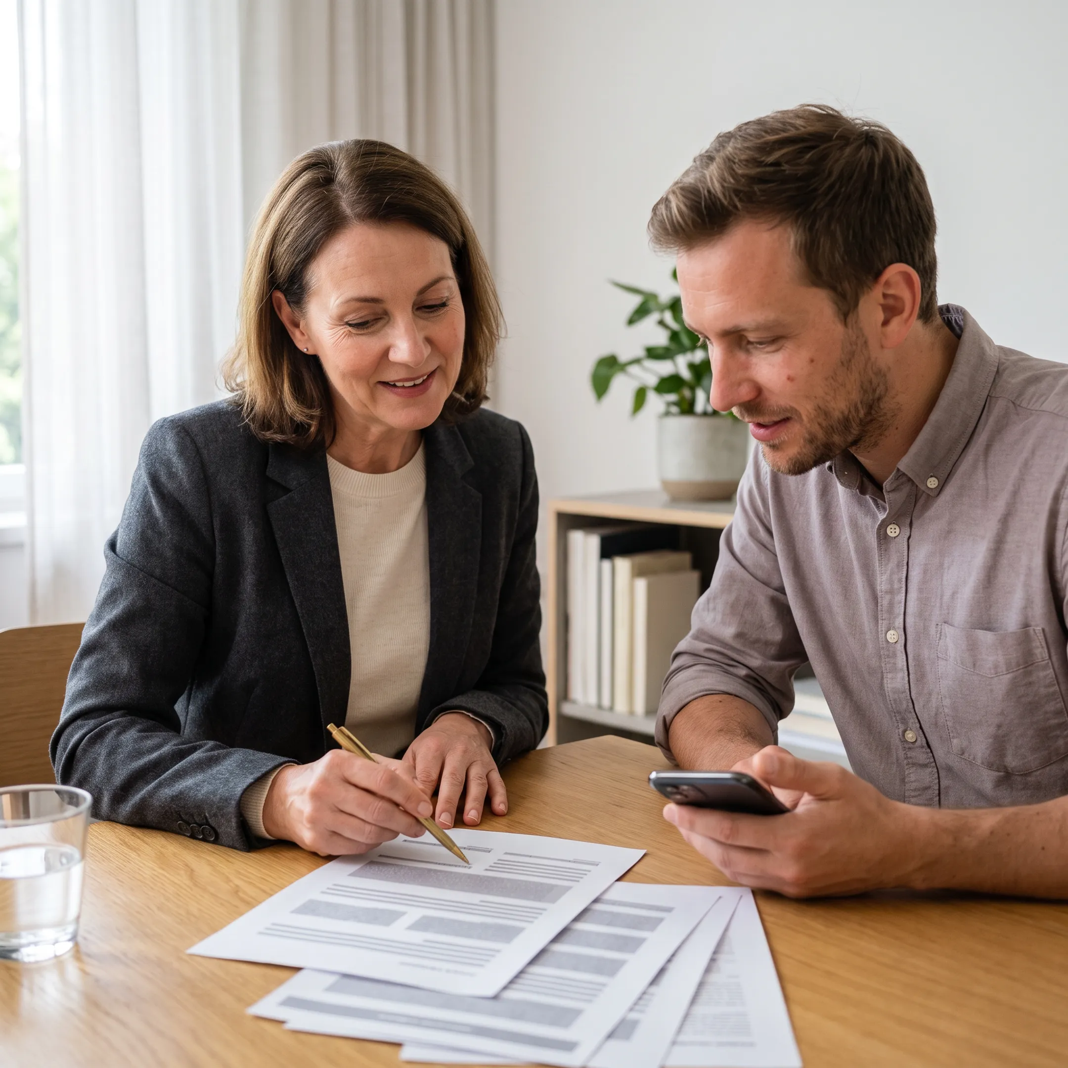 Expat reviewing U.S. health insurance information with relocation consultant