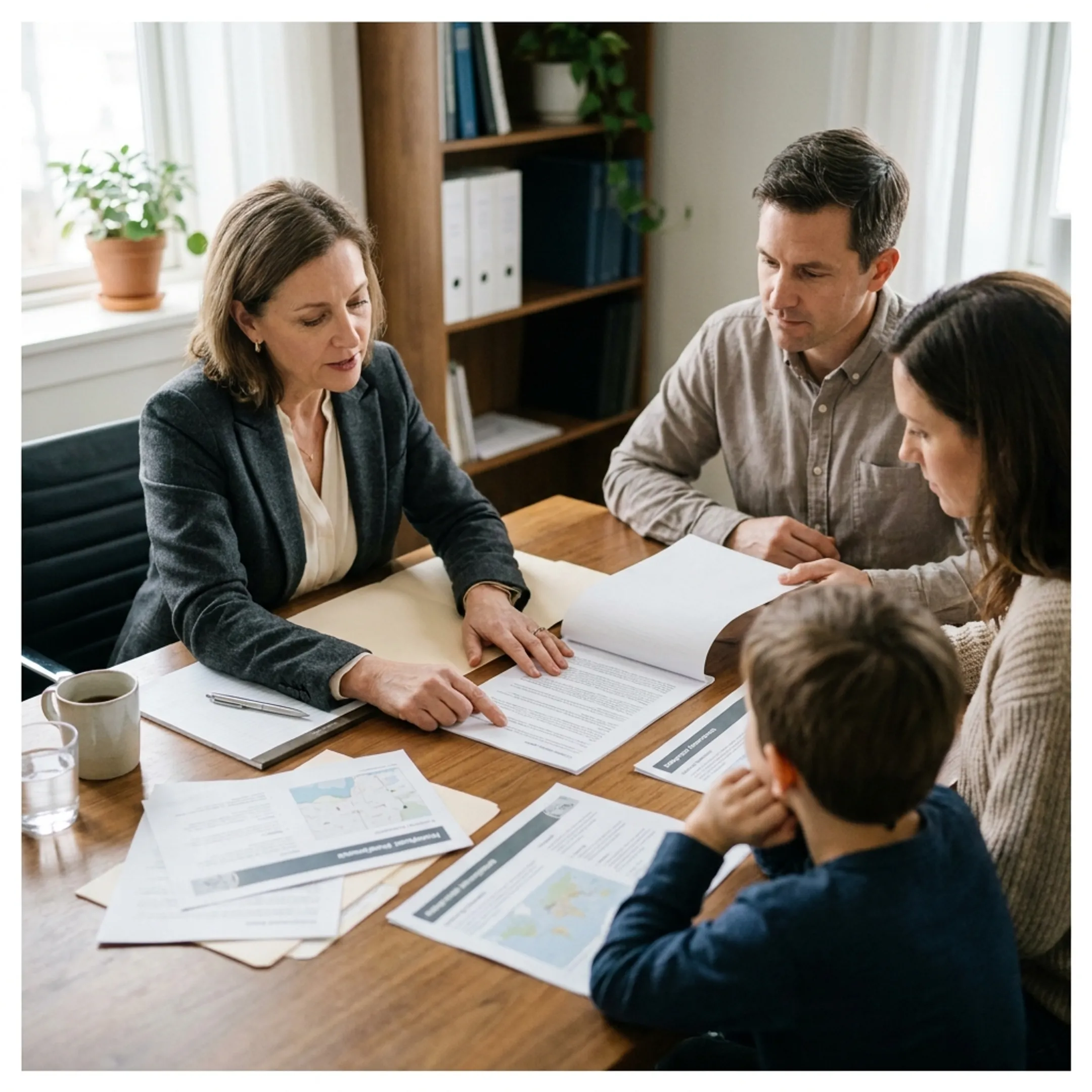 Foreign family discussing healthcare guidance with a relocation consultant