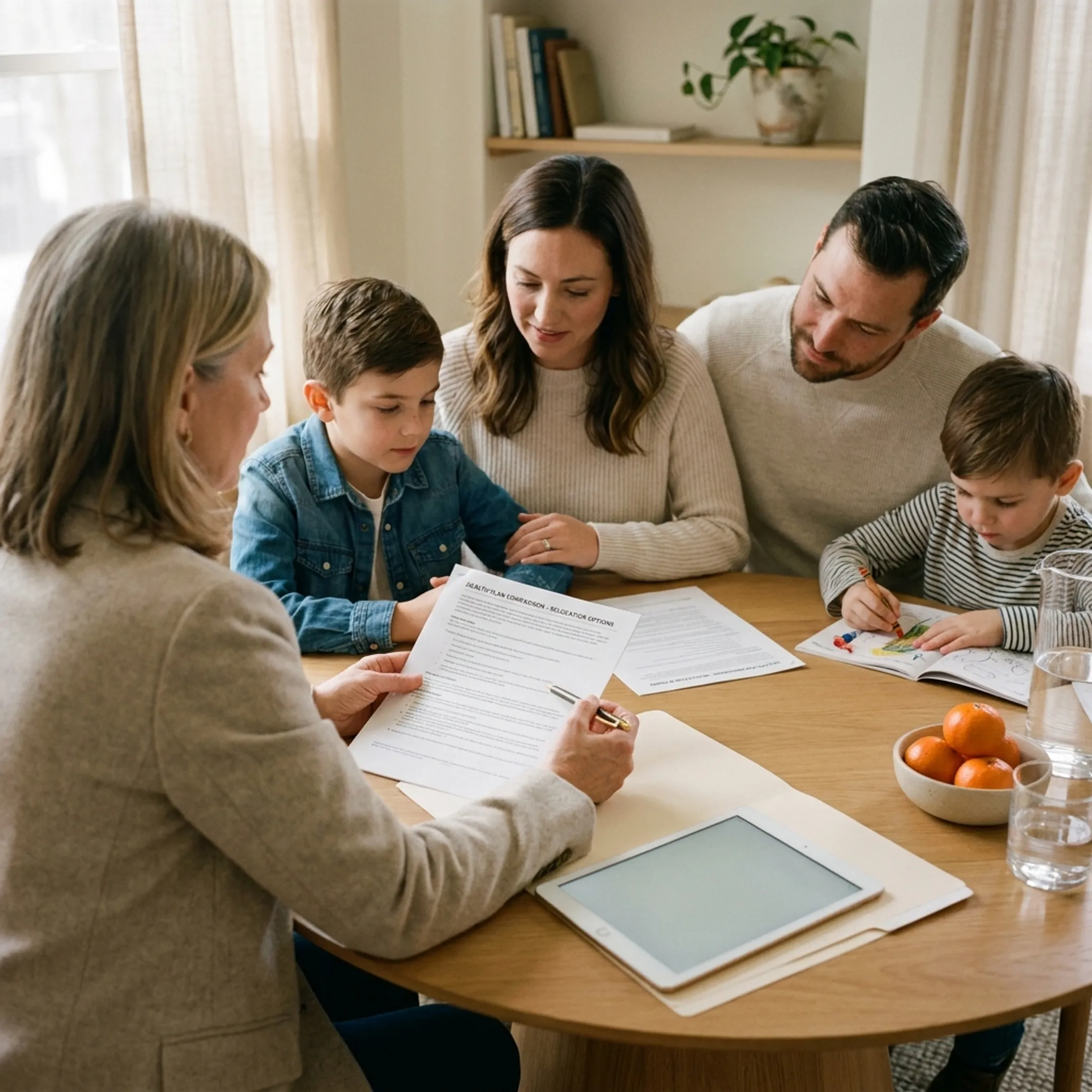 Advisor explaining US health insurance options to an immigrant family