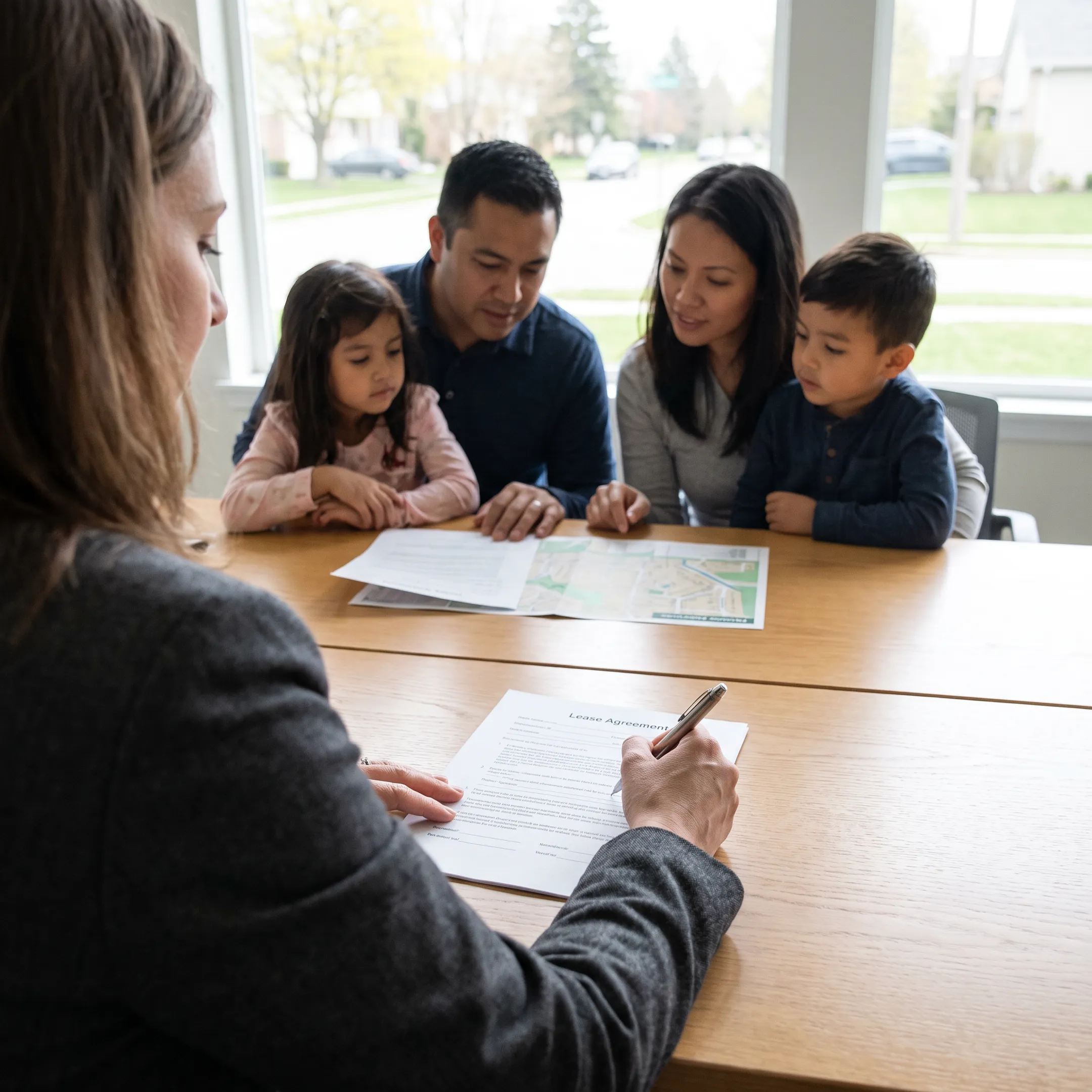Relocation consultant guiding an international family through a U.S. neighborhood