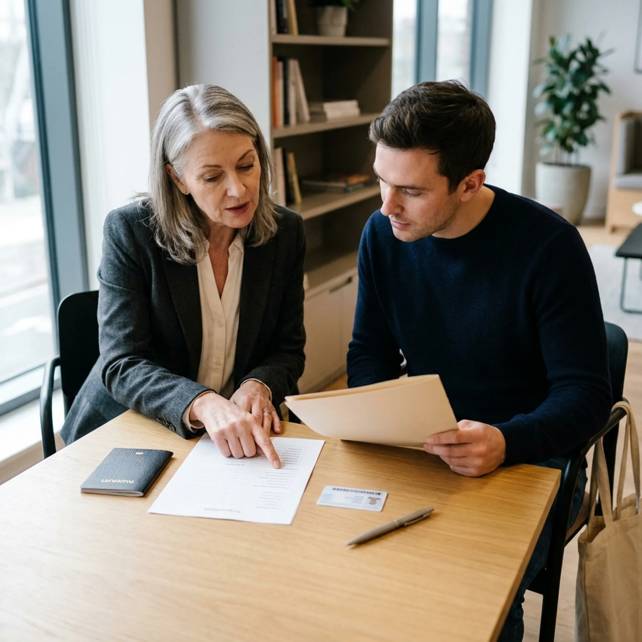Consultant reviewing driver license documents with a newcomer