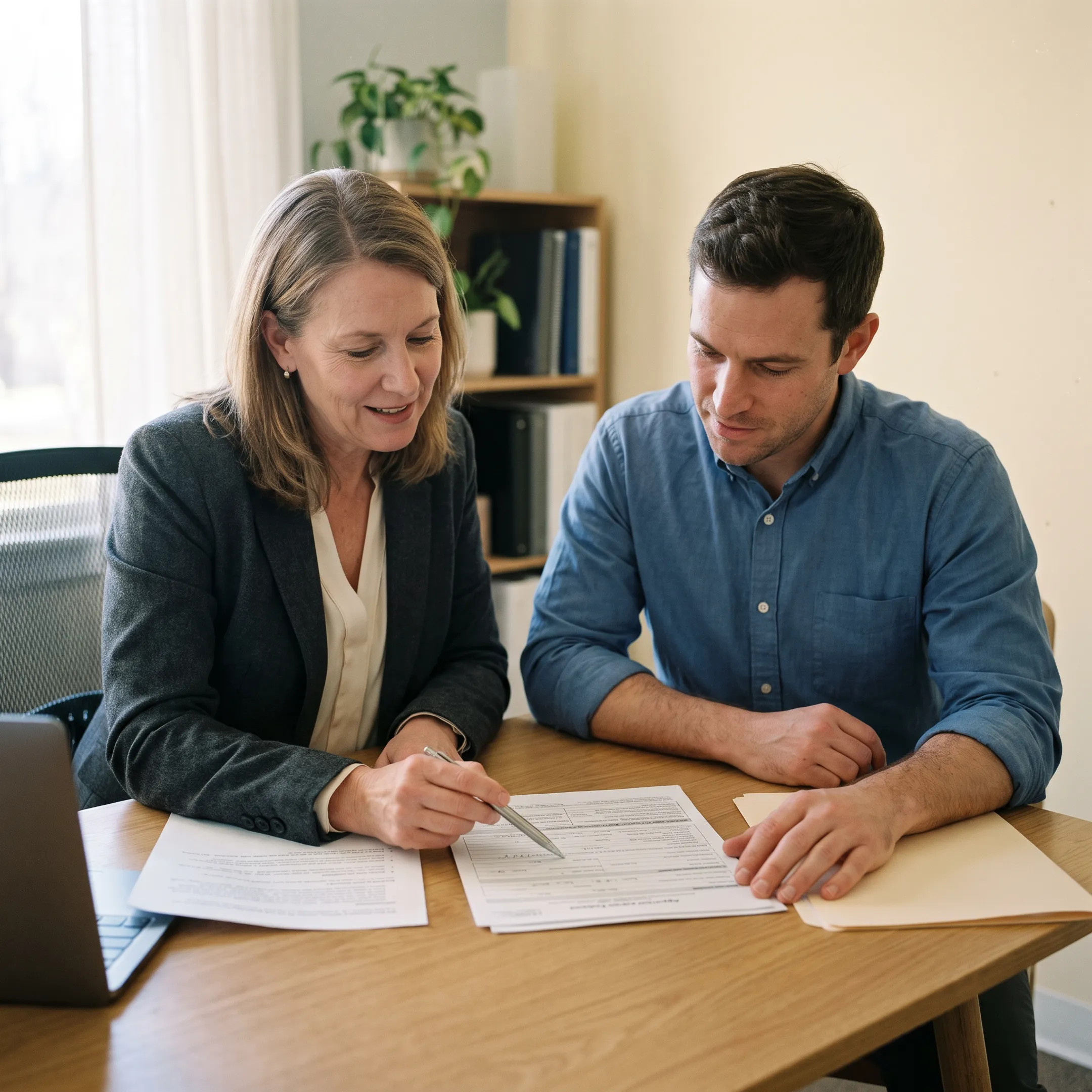 Consultant helping newcomer prepare driver's license documents