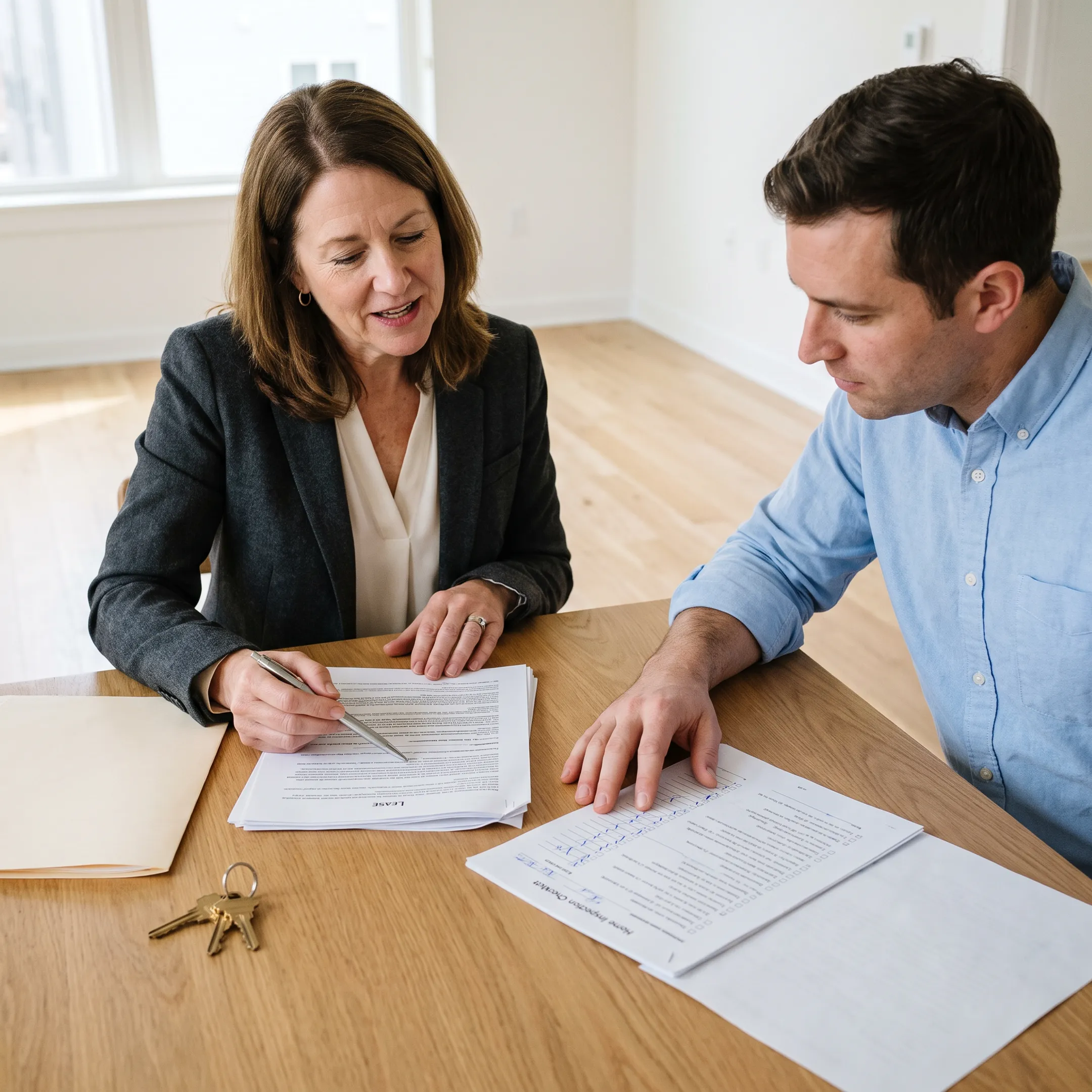 Consultant reviewing a rental lease with an expat client