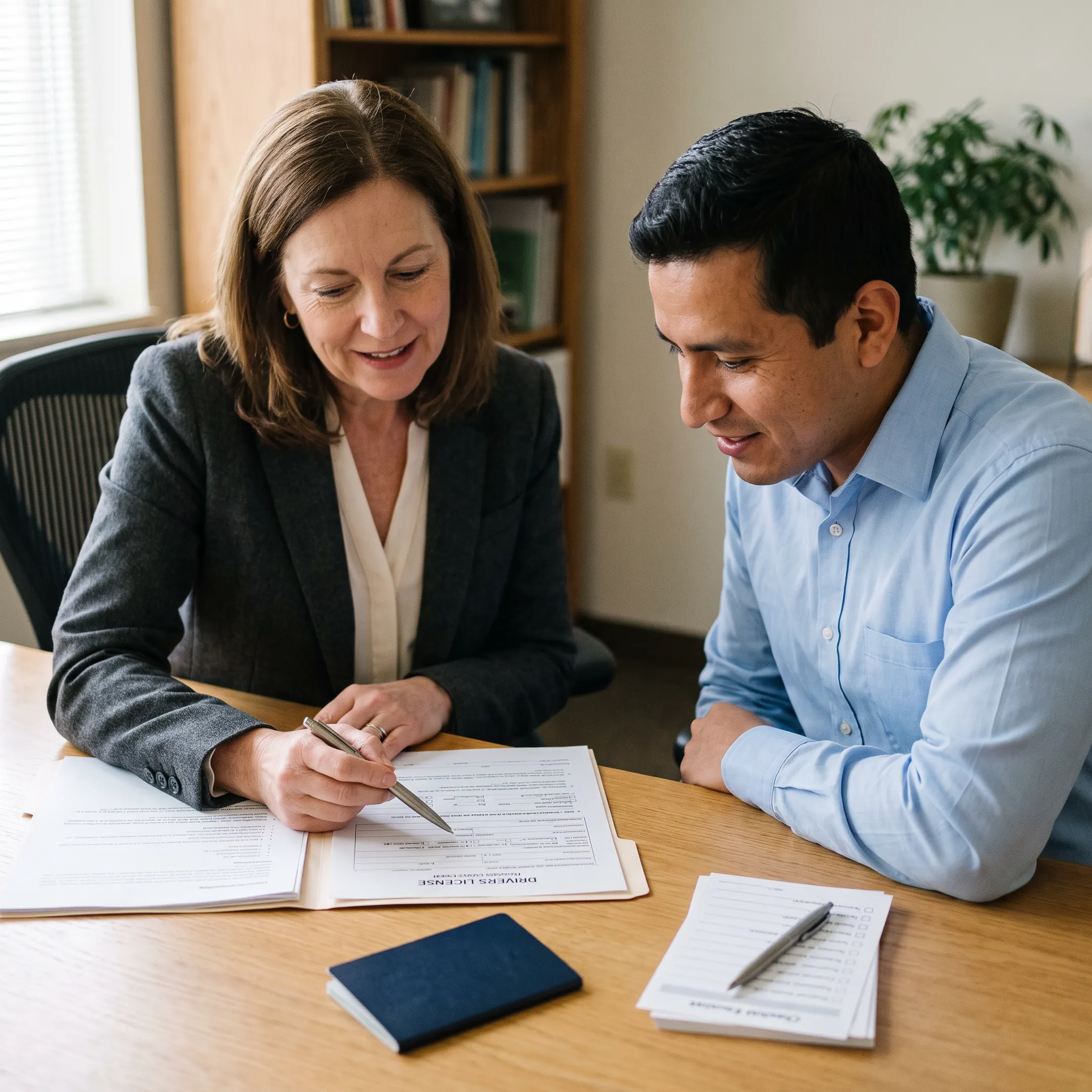 Relocation consultant assisting an immigrant with driver's license paperwork