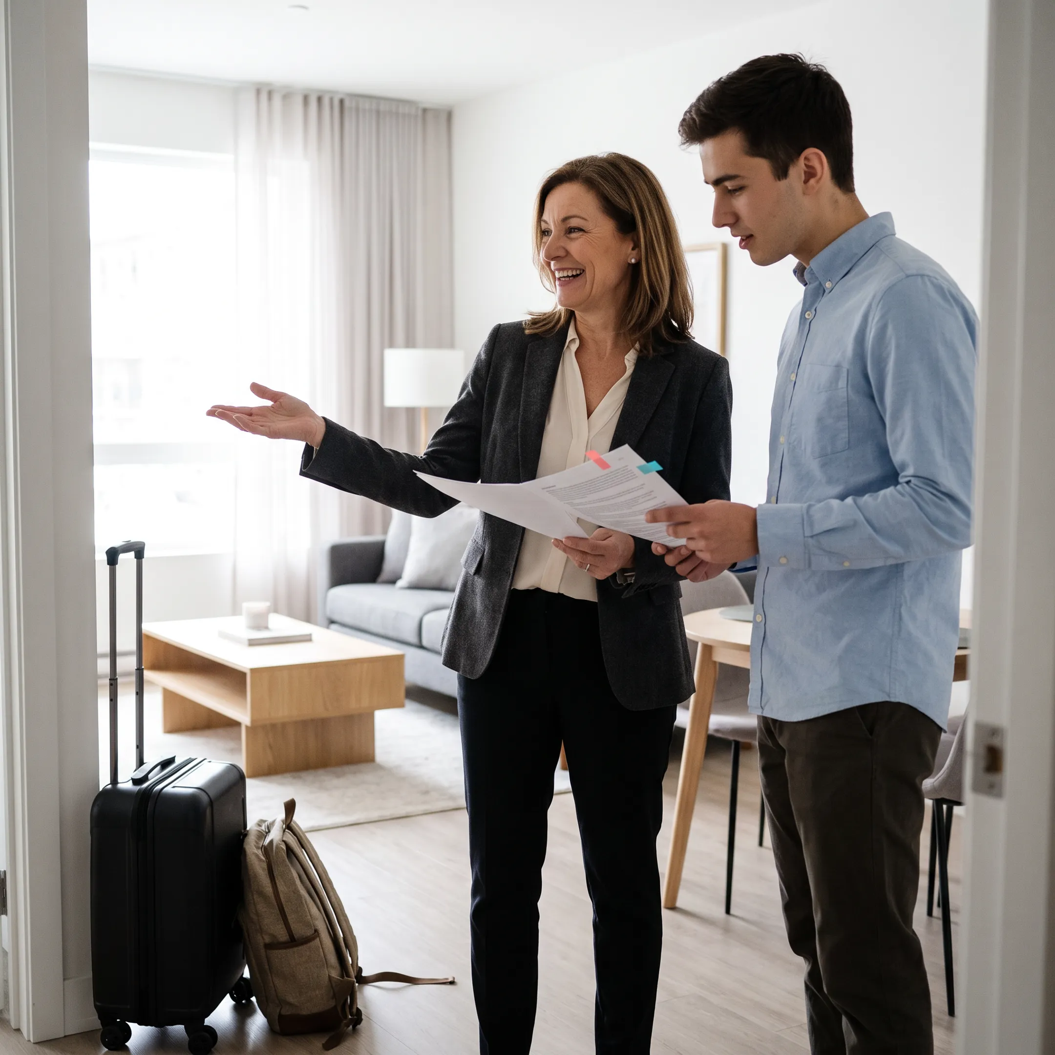 Consultant guiding an international intern through a furnished U.S. rental home