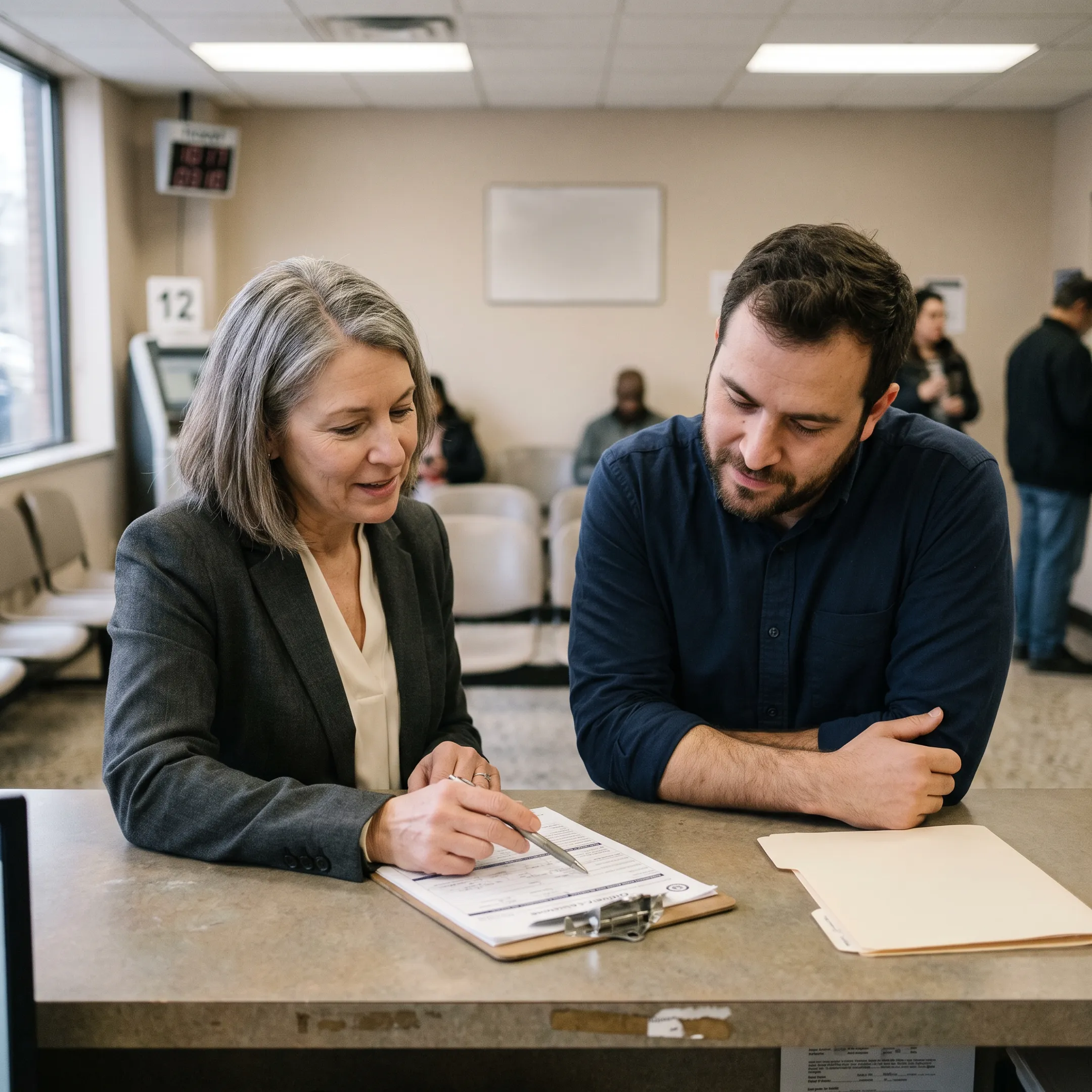 Consultant assisting newcomer with DMV appointment paperwork near Harlem