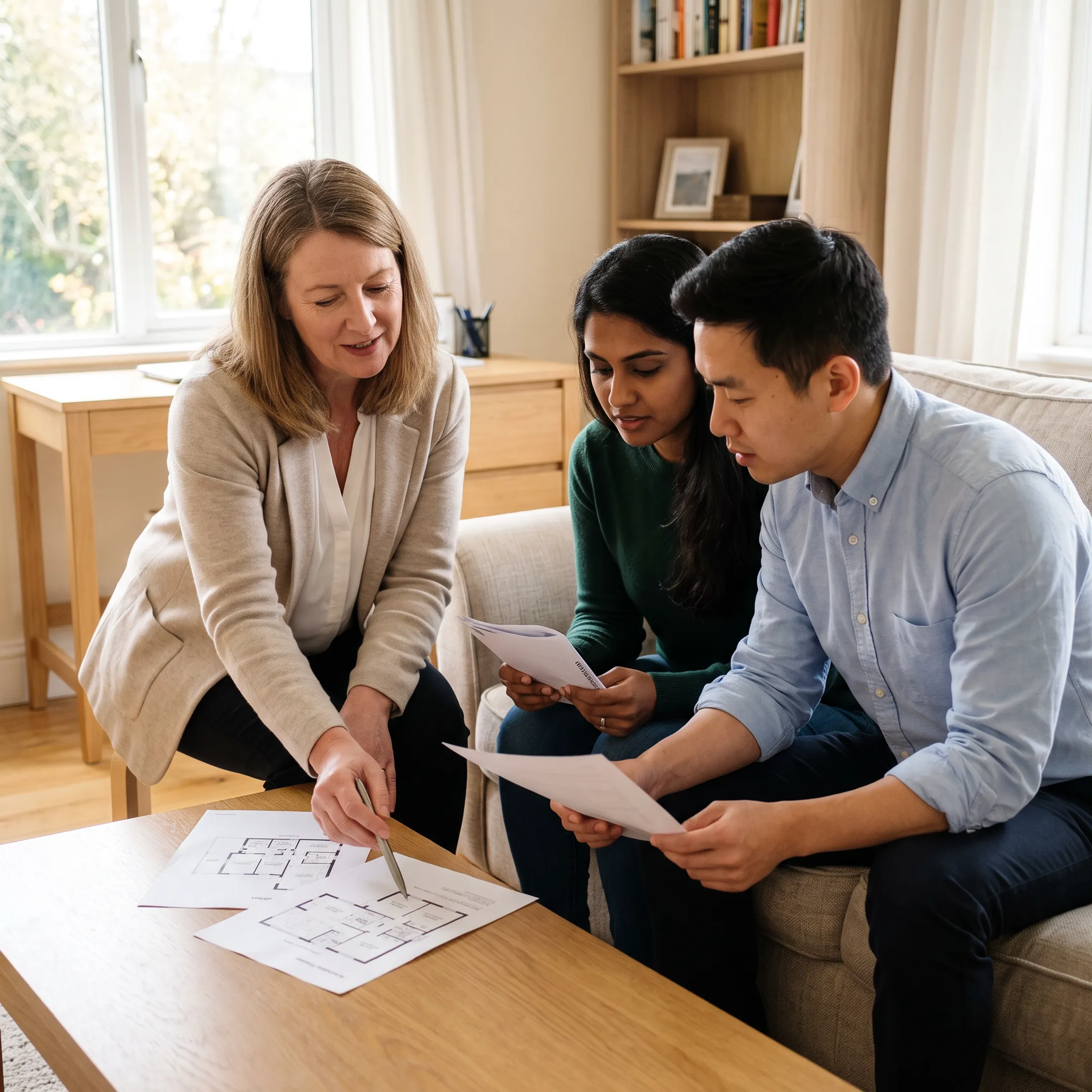 Consultant reviewing relocation paperwork with an international couple