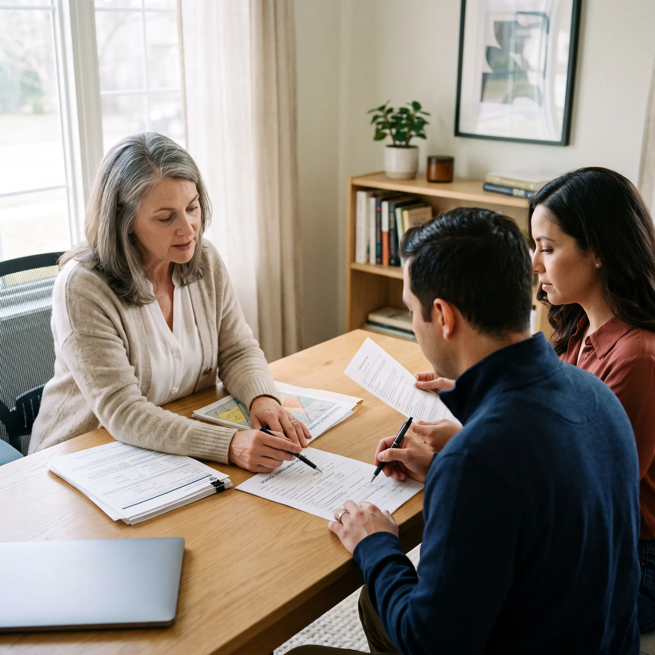 Consultant helping an expat family organize U.S. school enrollment documents
