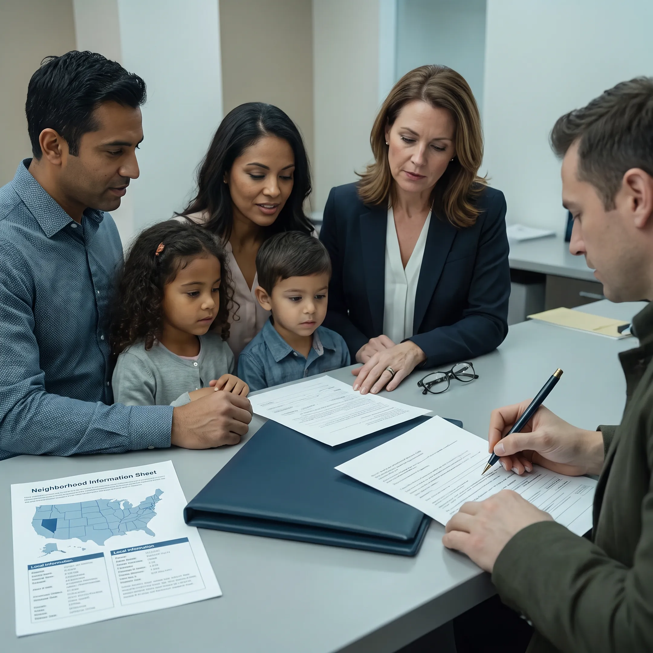 Relocation consultant reviewing documents with a newly arrived family