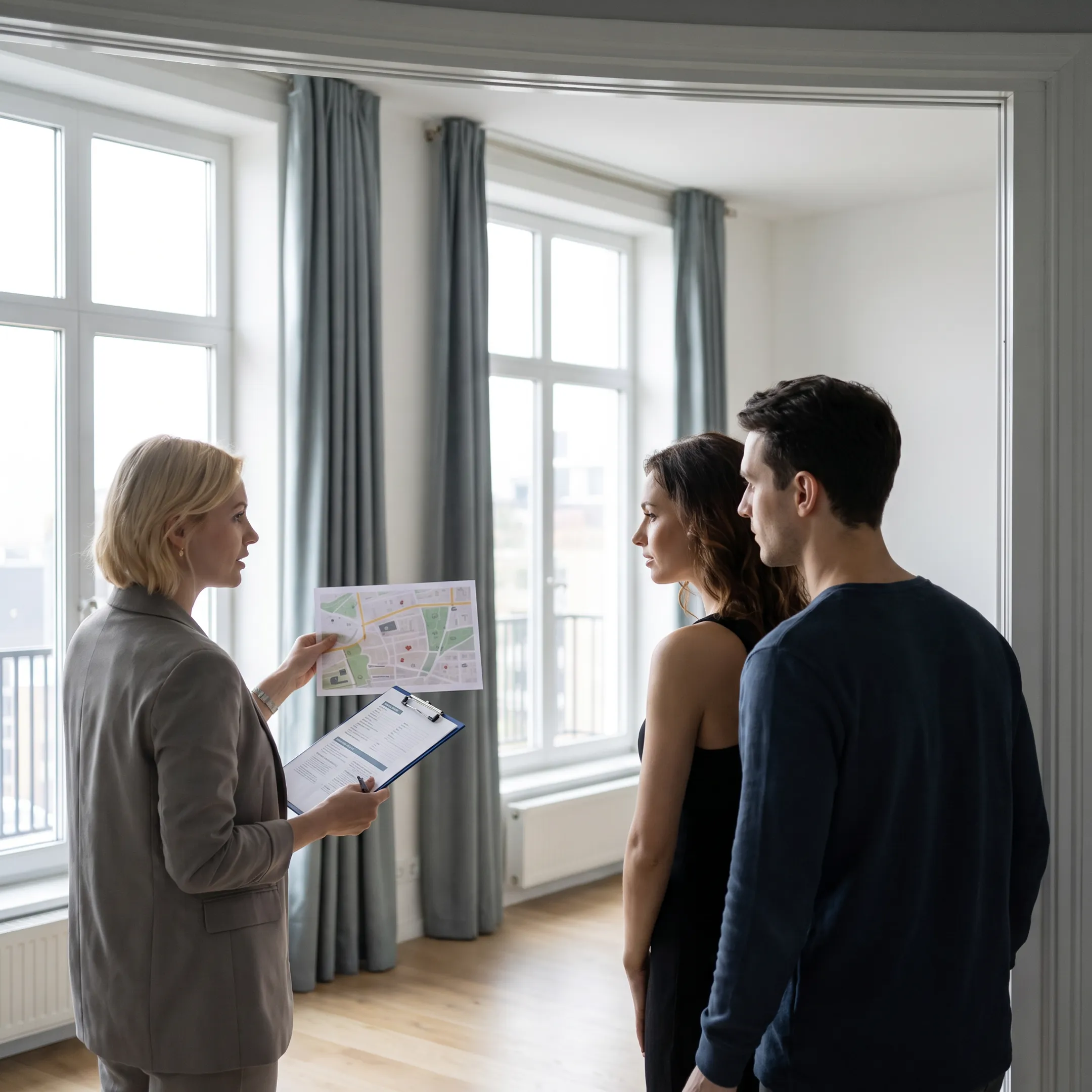 Relocation consultant showing an expat family a rental home and neighborhood information