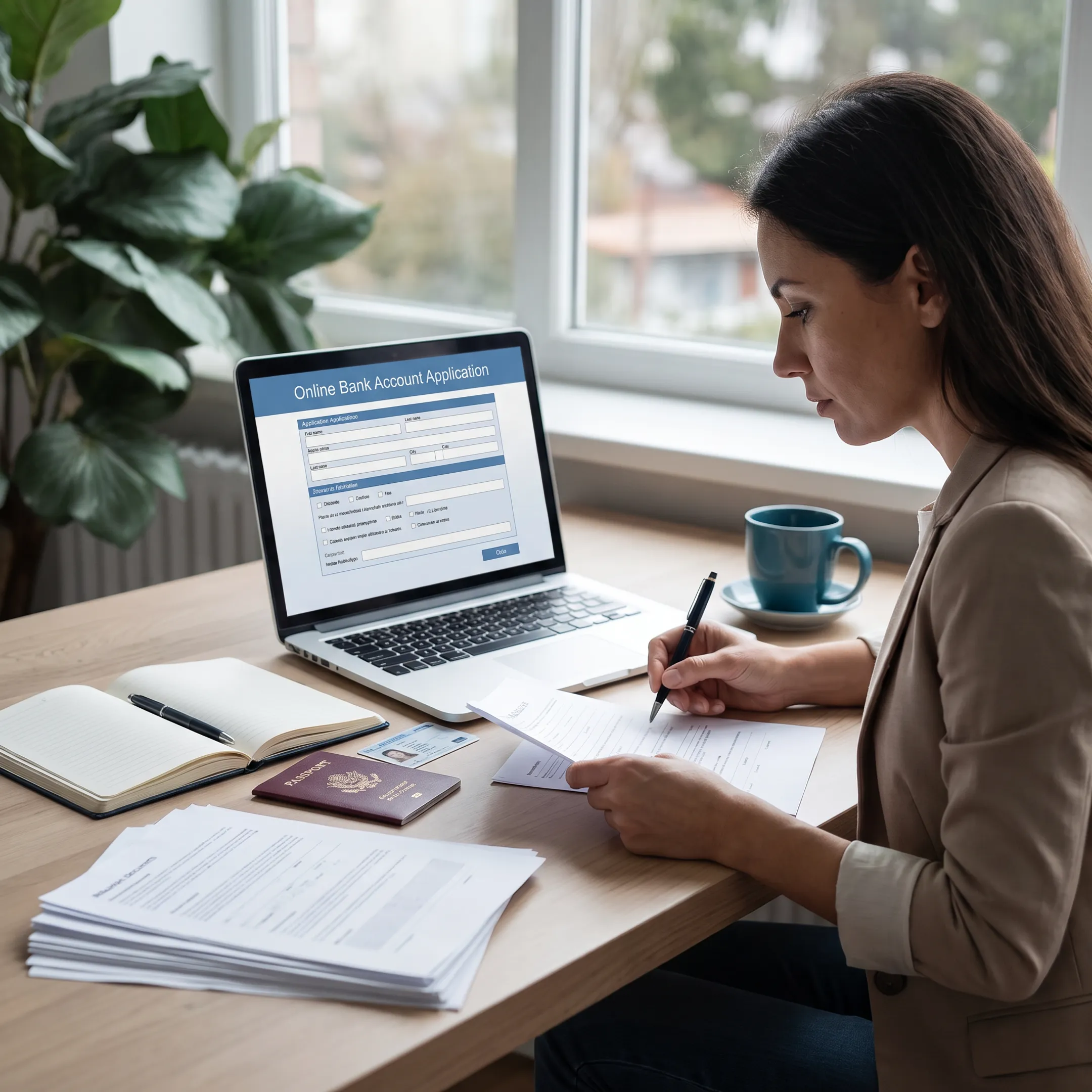 Newcomer completing an online U.S. bank account application with documents nearby