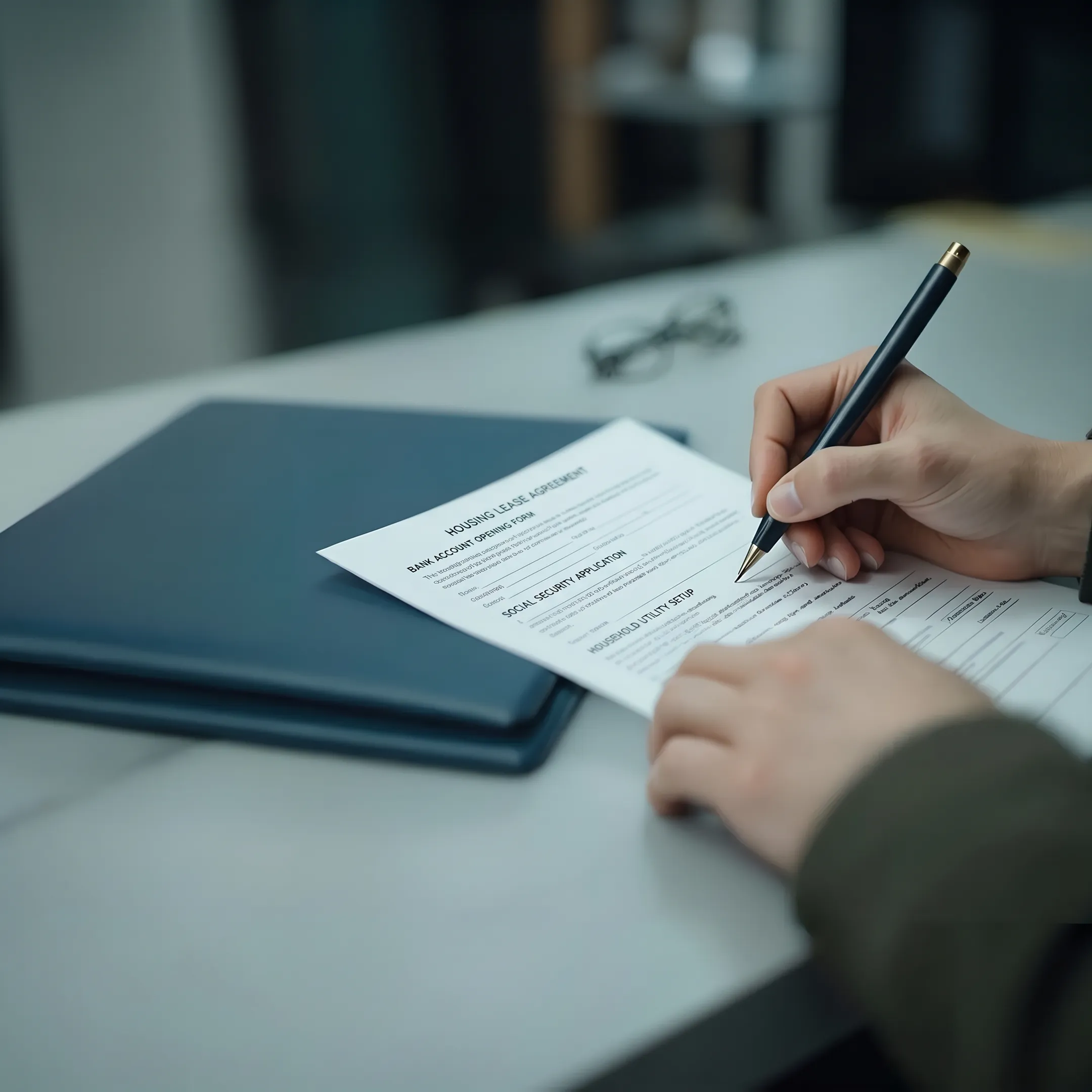 Relocation consultant helping an international newcomer organize settlement paperwork