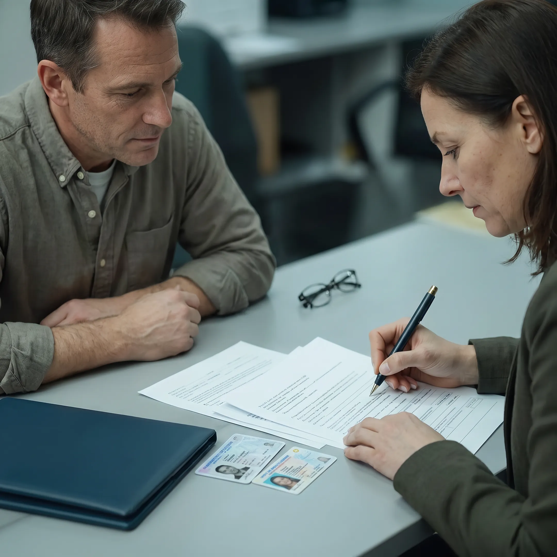 Newcomer organizing DMV application paperwork with relocation consultant