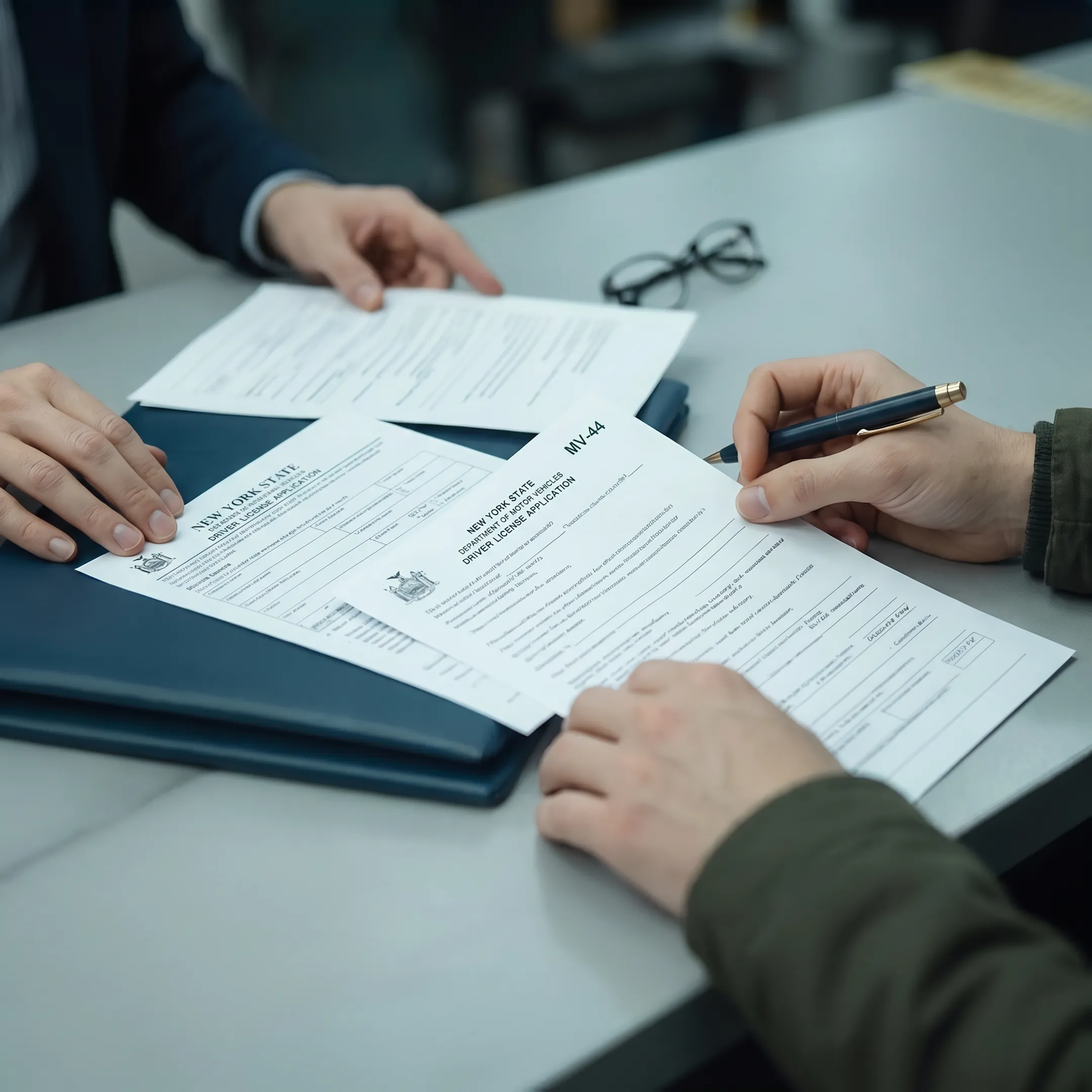 Newcomer reviewing DMV documents with relocation consultant