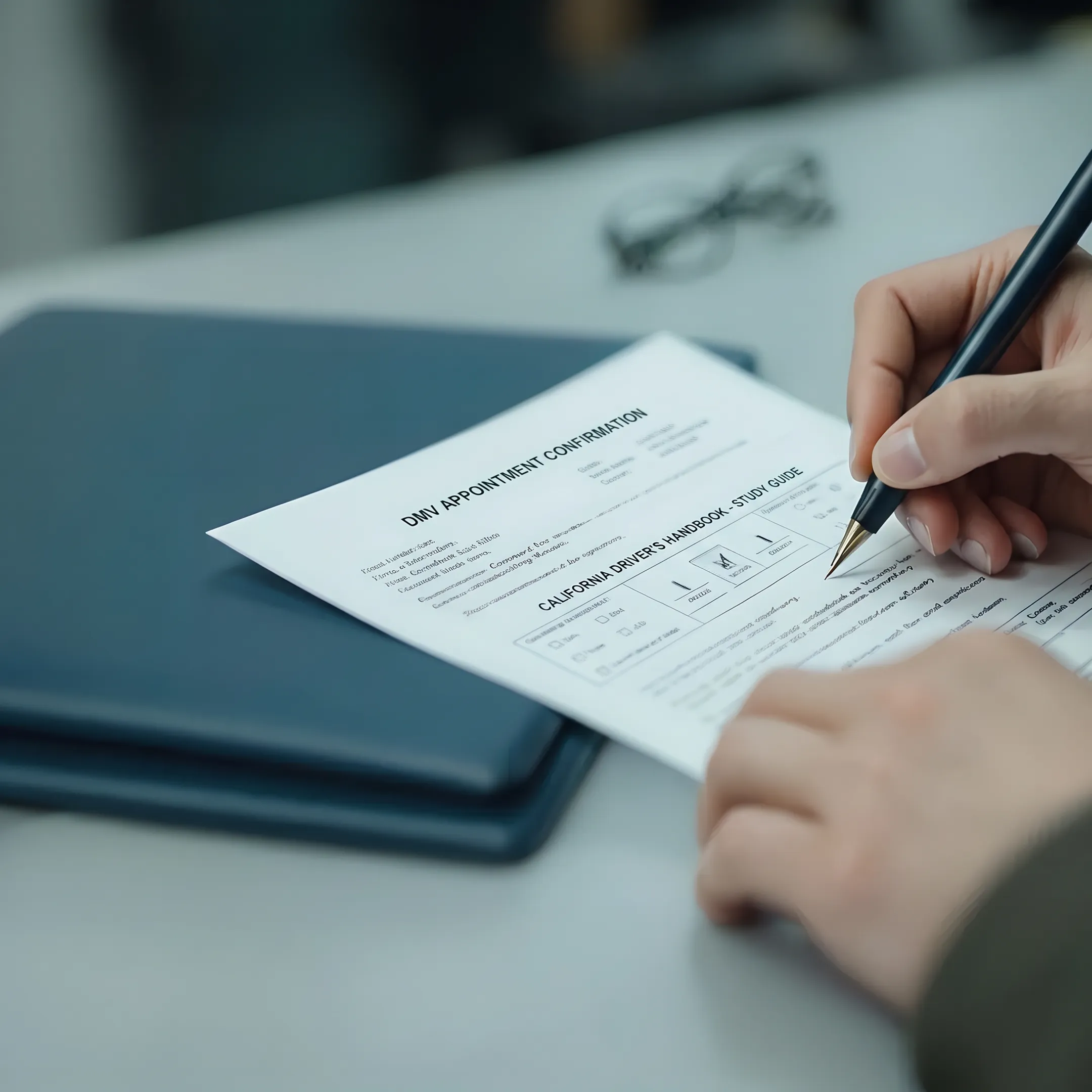 Consultant helping newcomer prepare DMV written test appointment paperwork