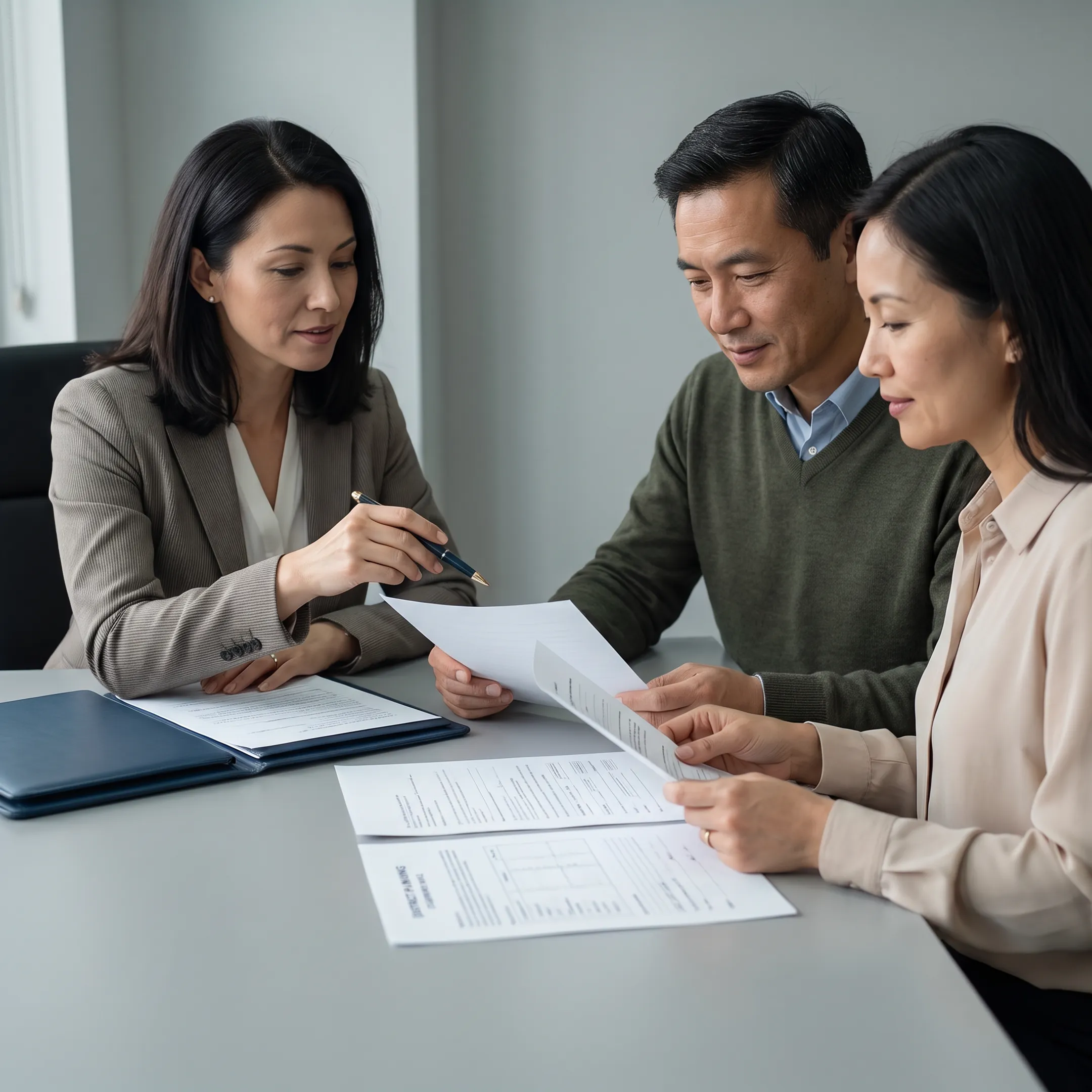 Expat parents discussing school registration with a relocation consultant