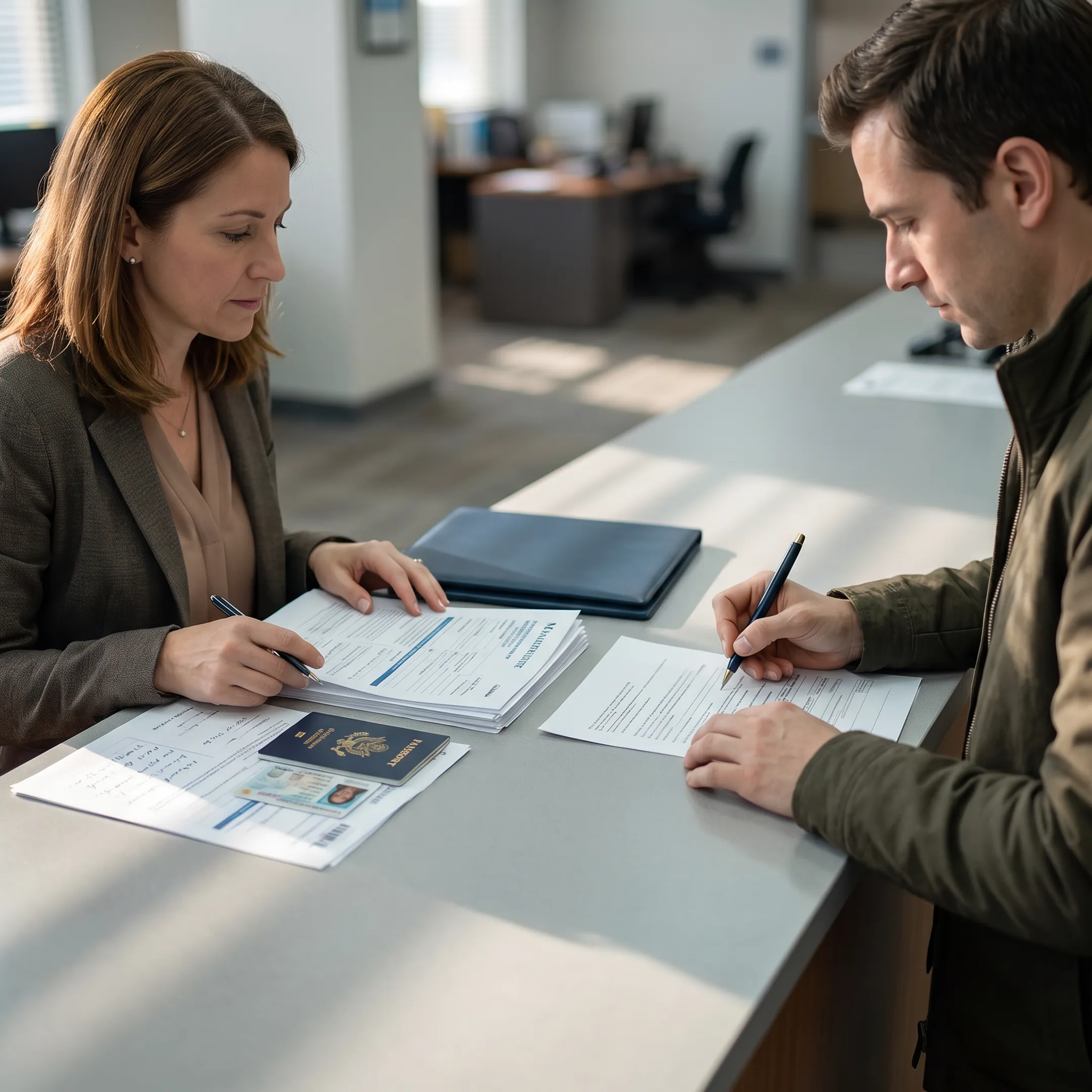 Newcomer reviewing DMV paperwork with relocation consultant