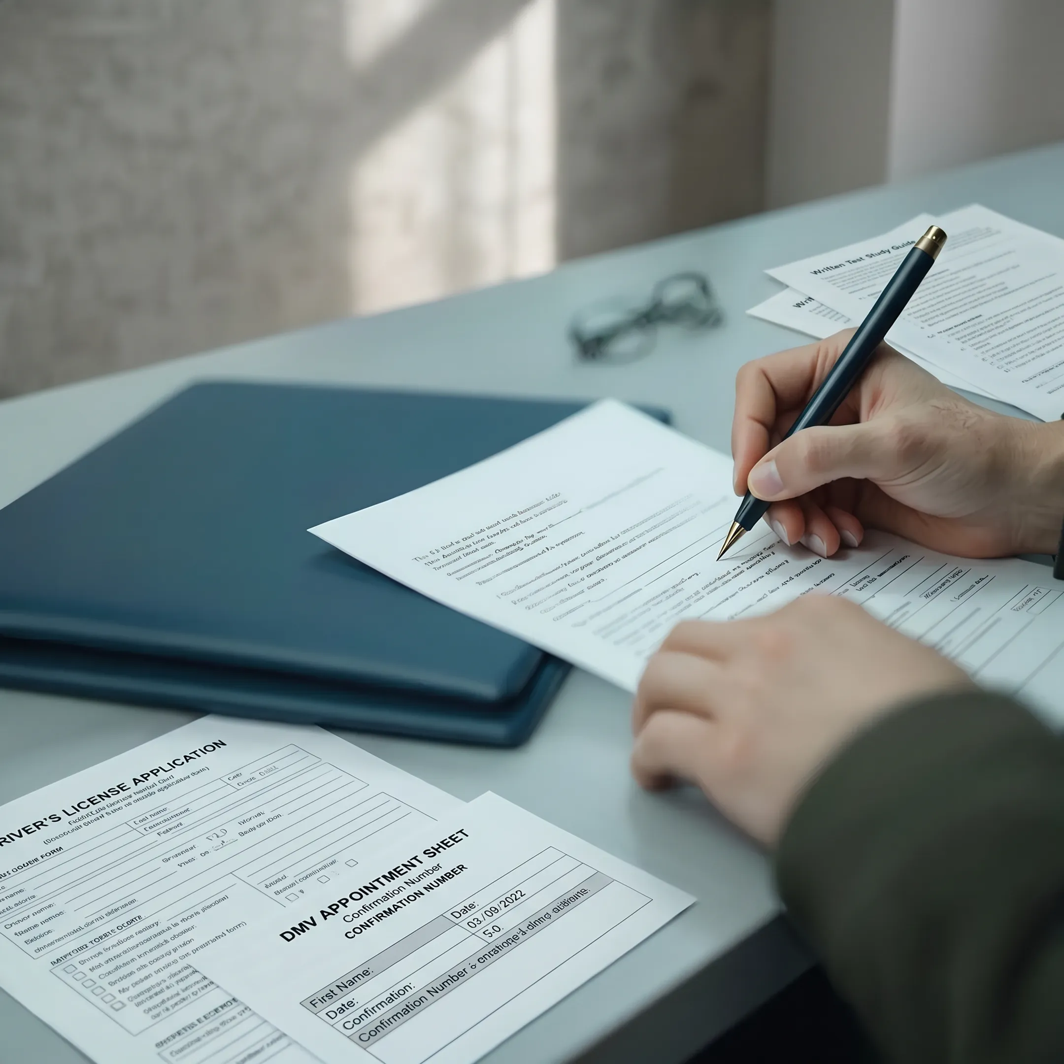 Newcomer reviewing written driving test documents with relocation consultant