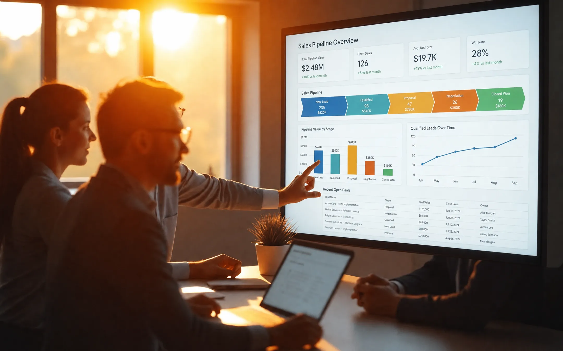 Business team reviewing CRM pipeline dashboard with lead tracking data