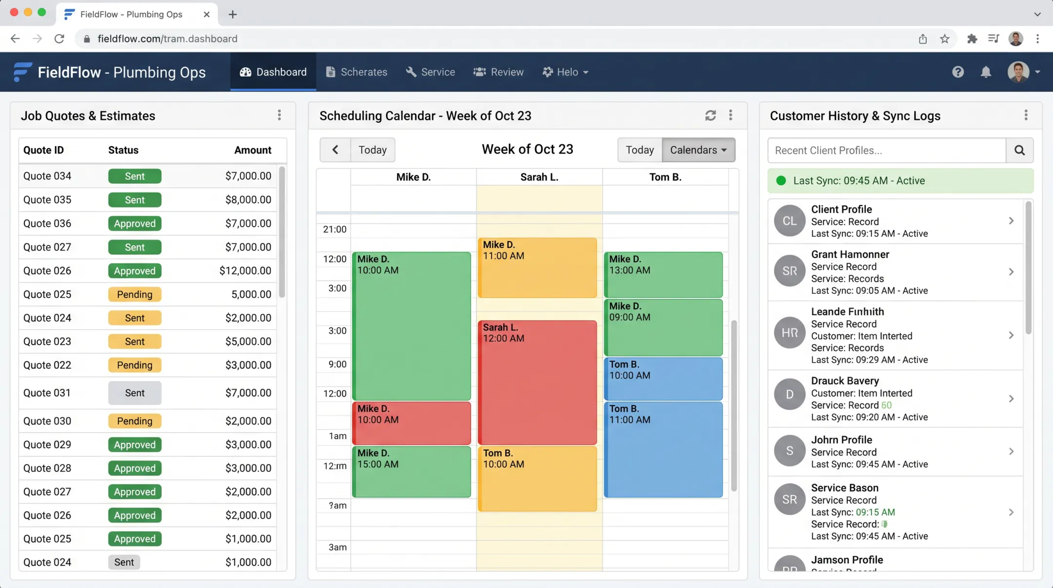 Jobber dashboard showing automated job quoting and customer history