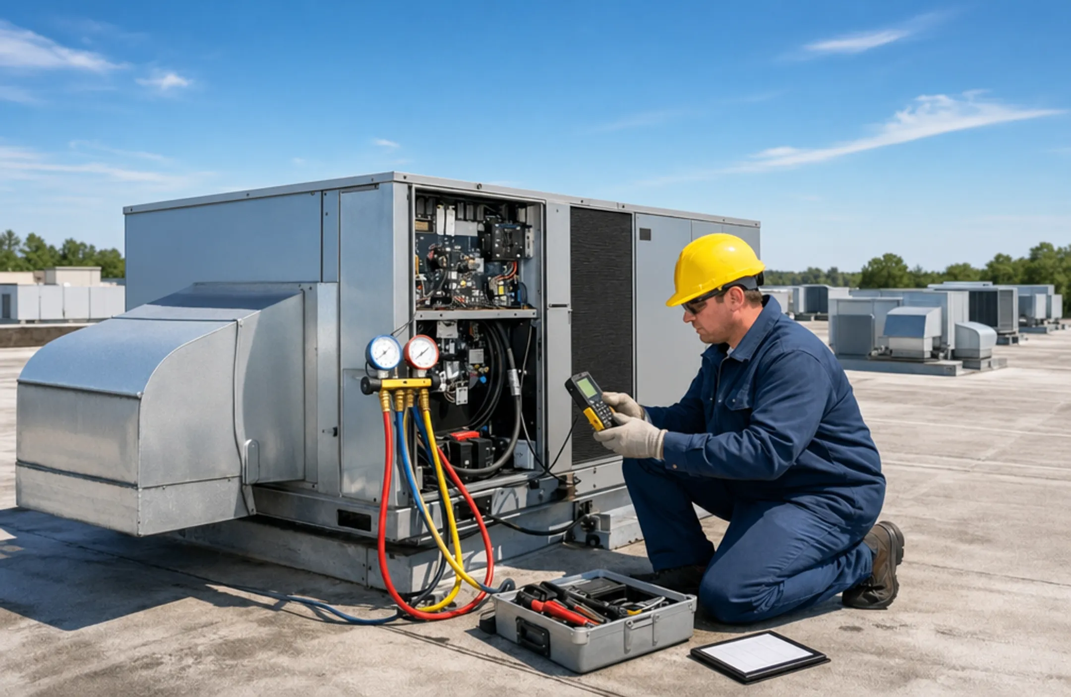 Commercial HVAC technician performing maintenance on rooftop equipment unit