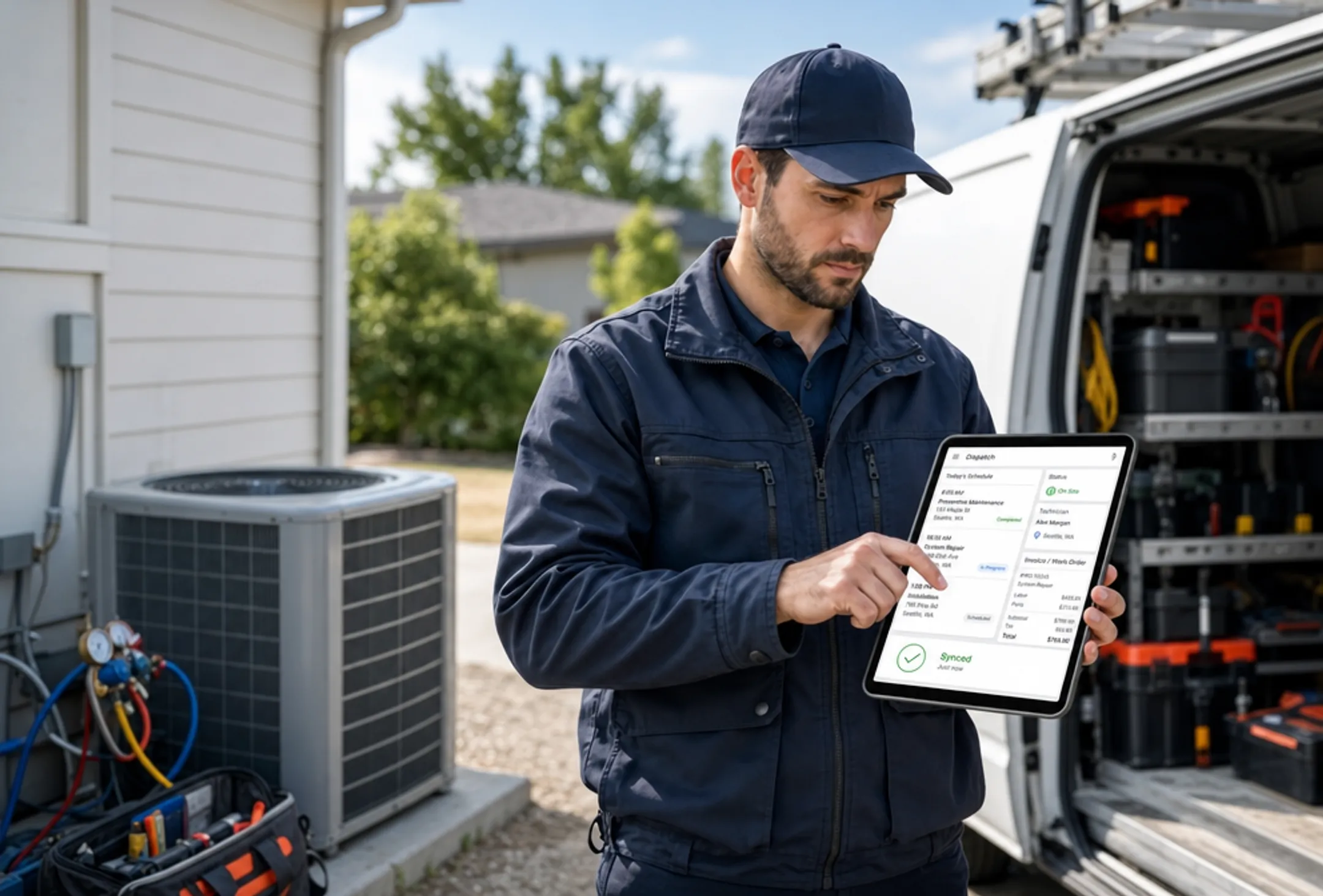 Field technician using tablet with real-time QuickBooks sync dashboard