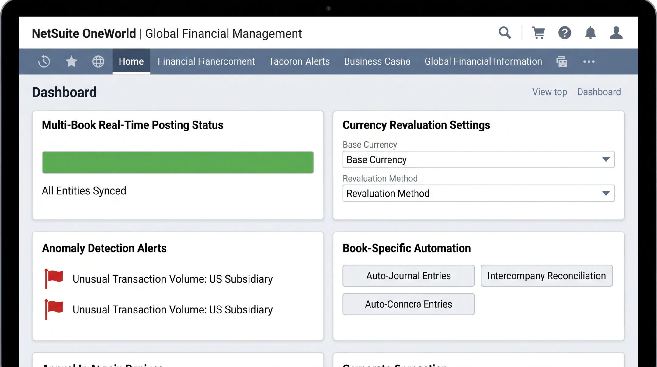 NetSuite OneWorld dashboard showing multi-book accounting automation features