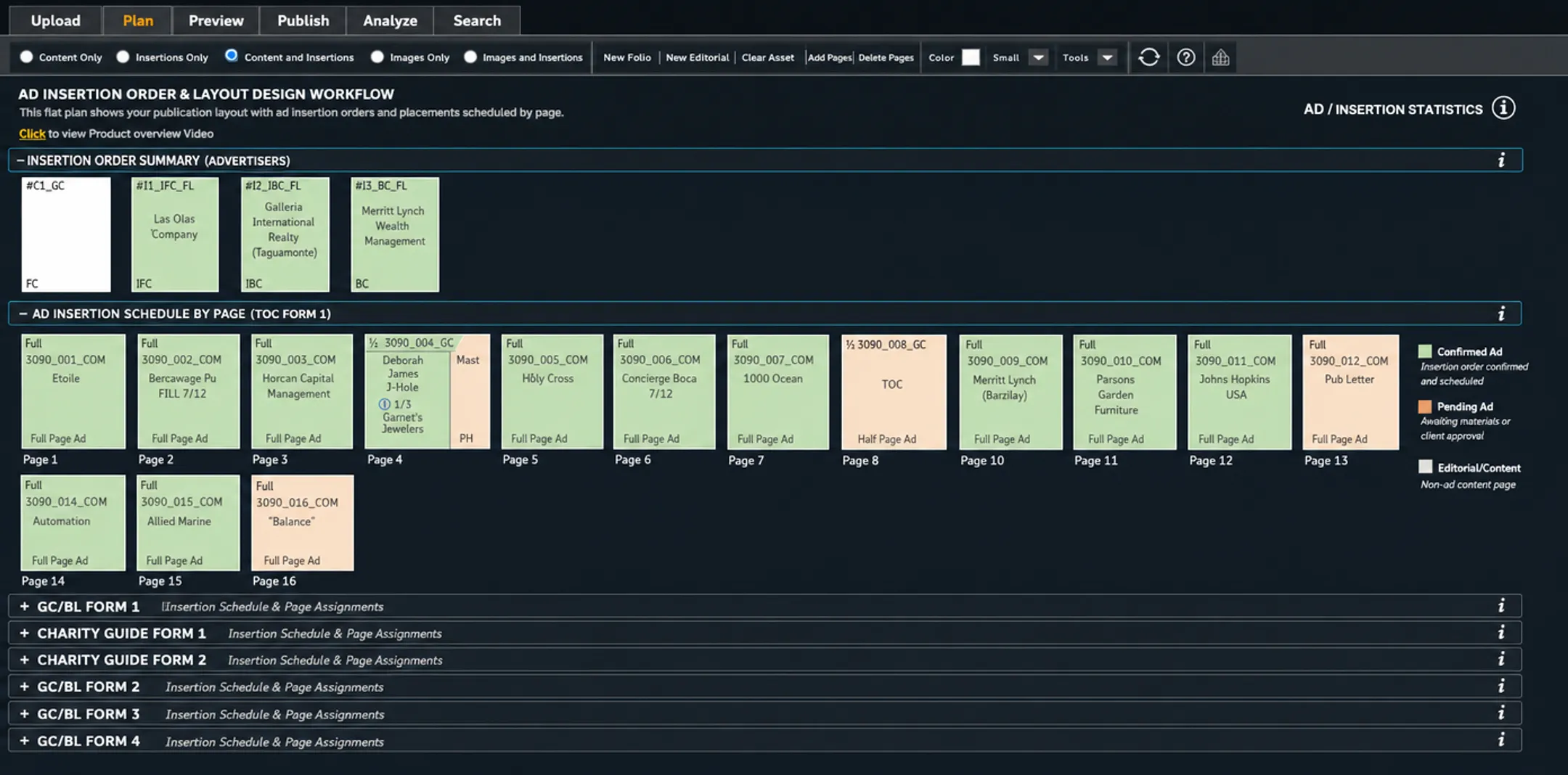 Magazine layout software interface showing ad placement and print production tools