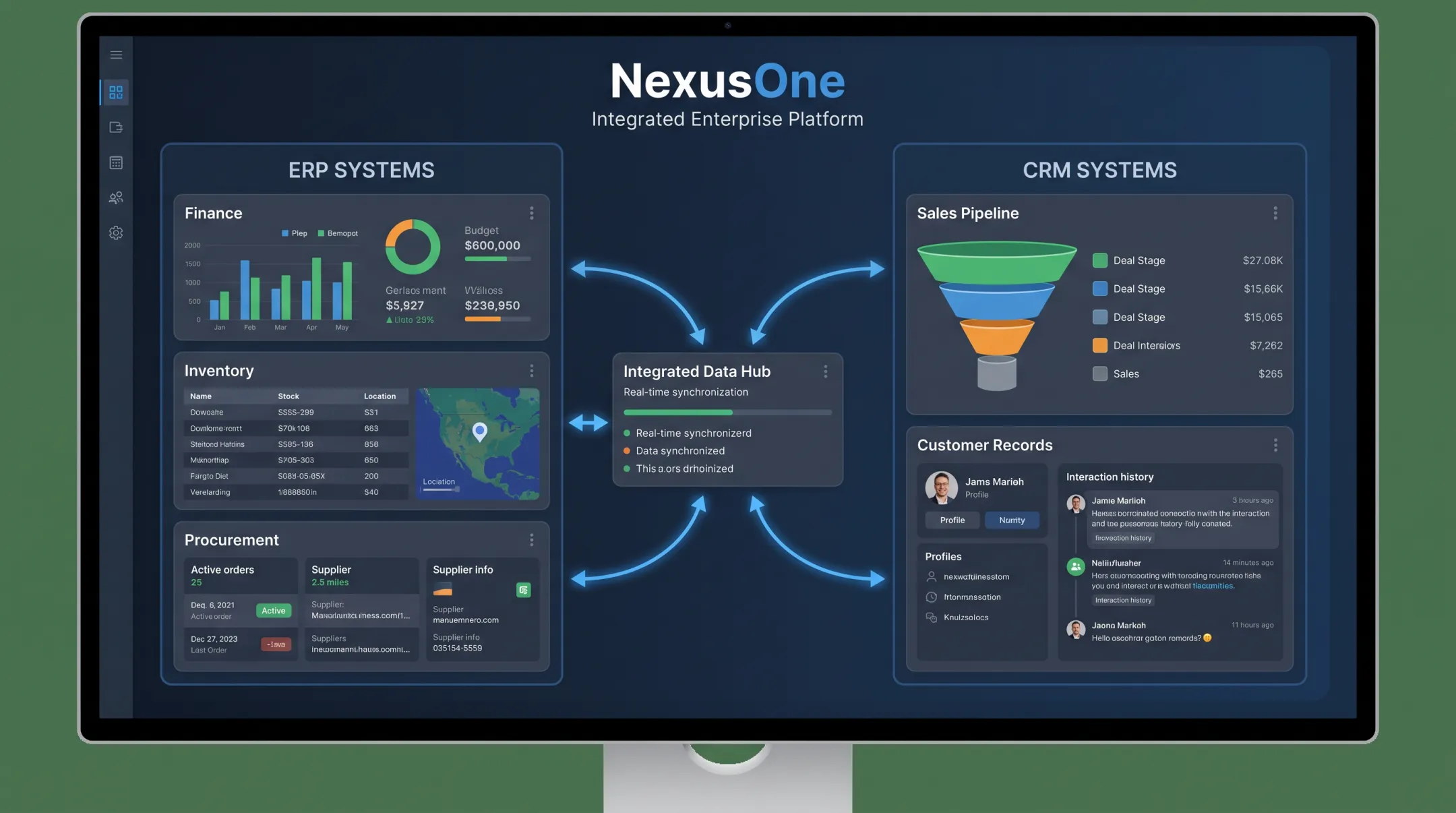 Integrated ERP and CRM dashboard showing connected operational and customer data