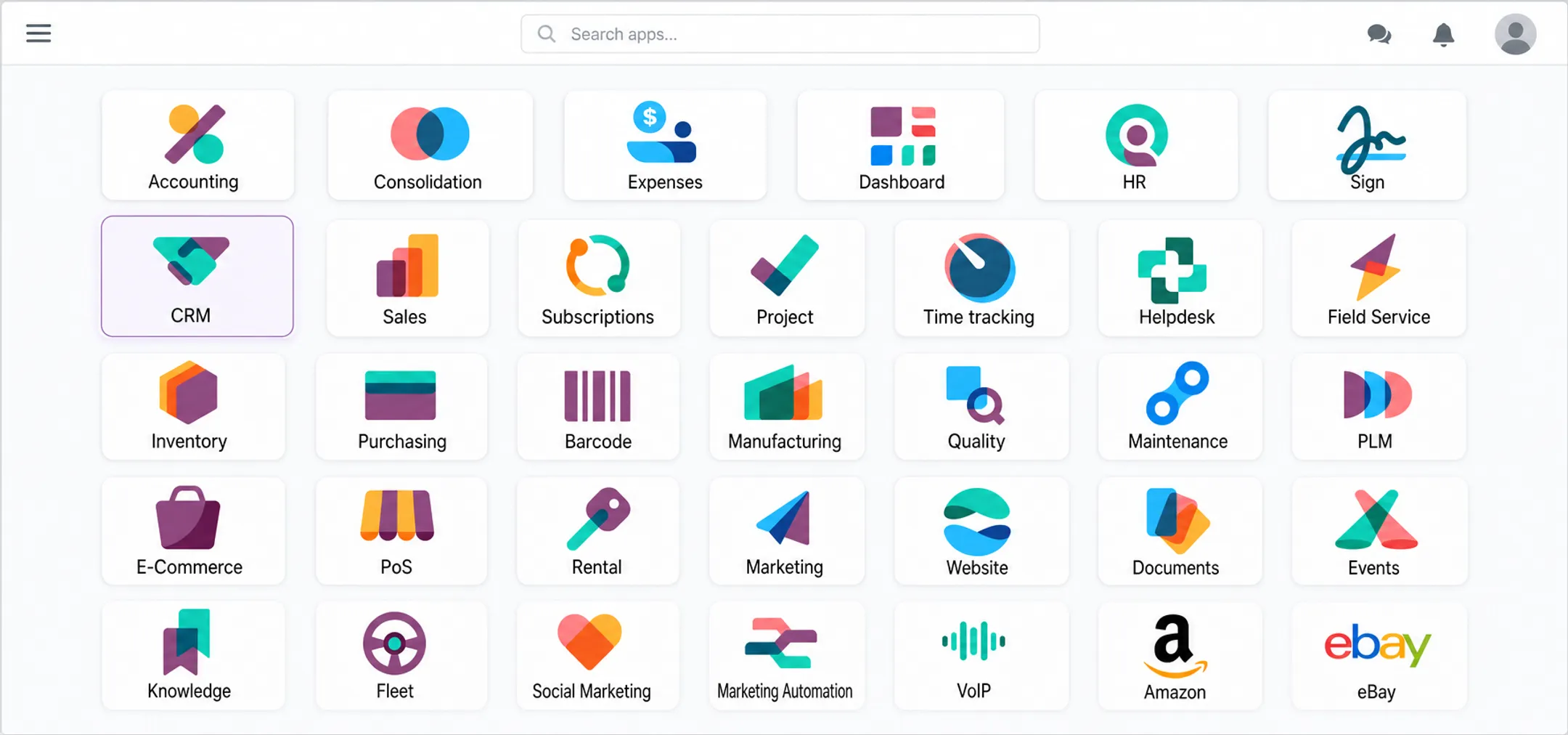 Odoo modular ERP dashboard showing CRM inventory and accounting apps