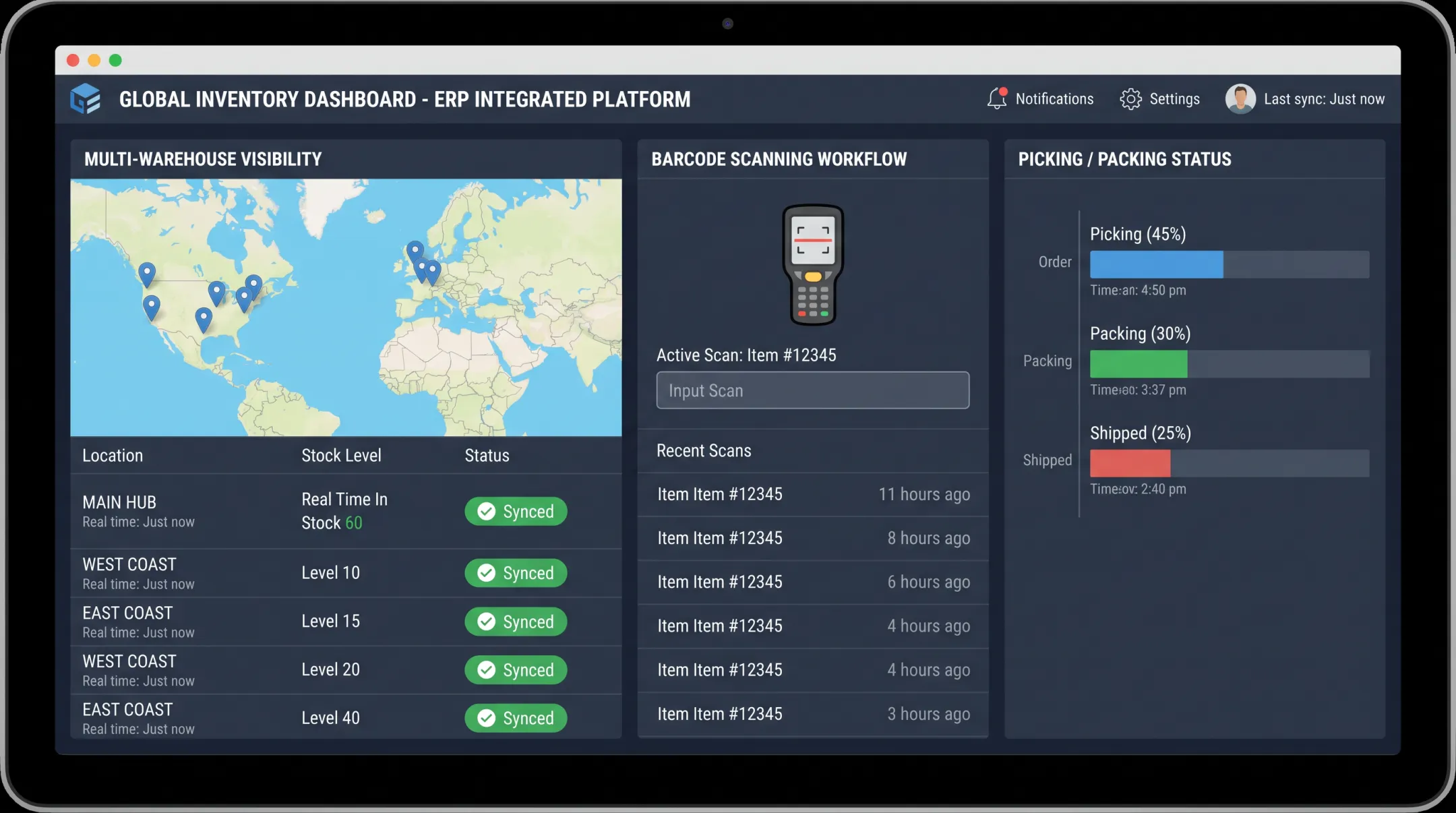 Warehouse inventory management system dashboard with multi-warehouse tracking