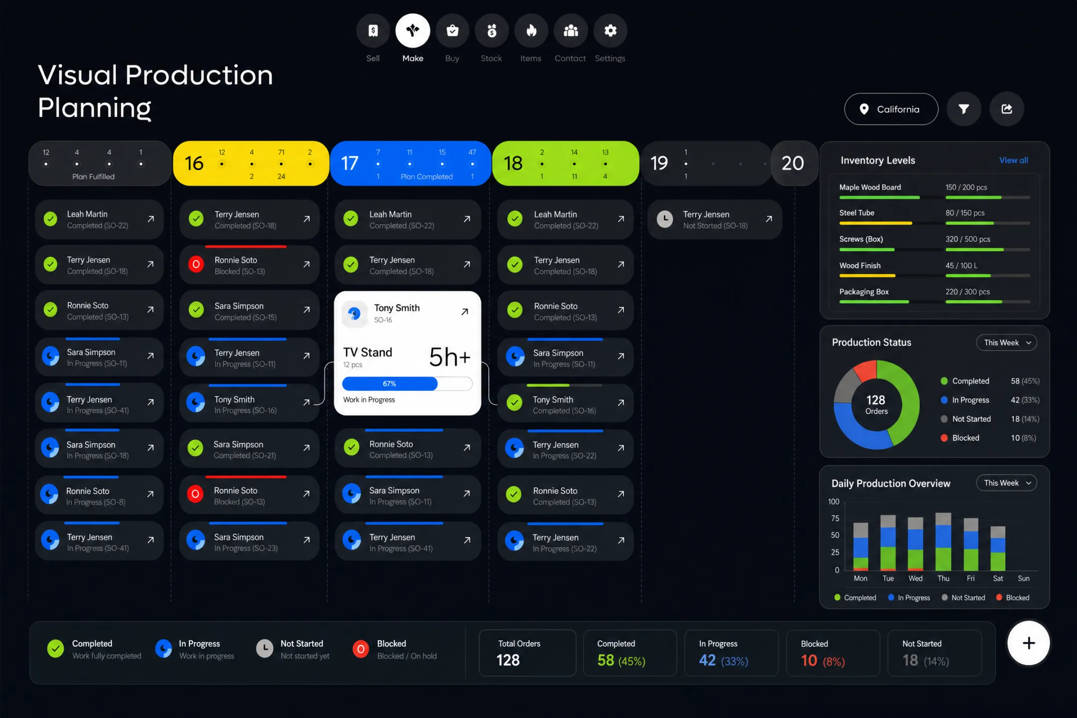 Manufacturing software dashboard showing real-time production scheduling and inventory tracking