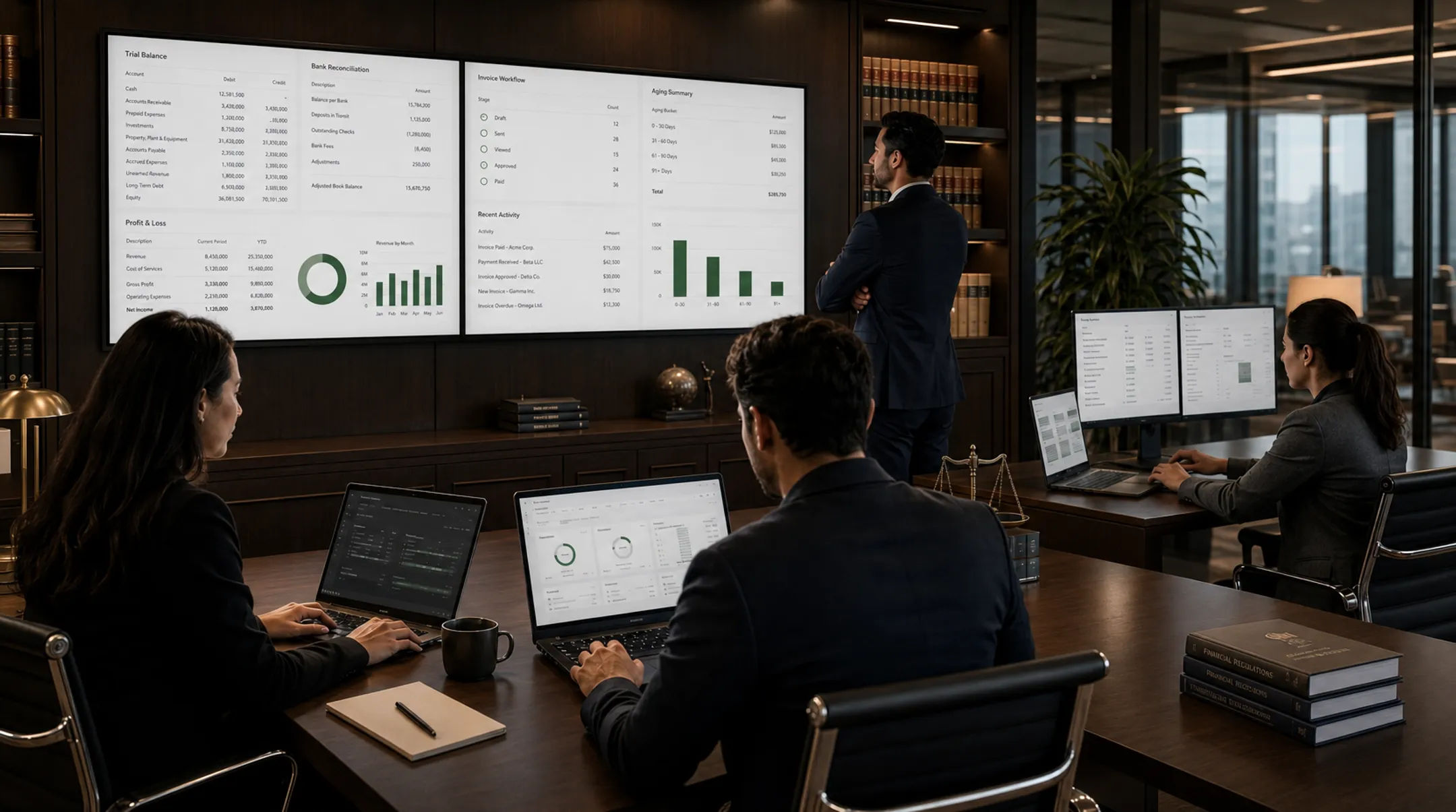 Law firm office team reviewing financial reports and accounting software