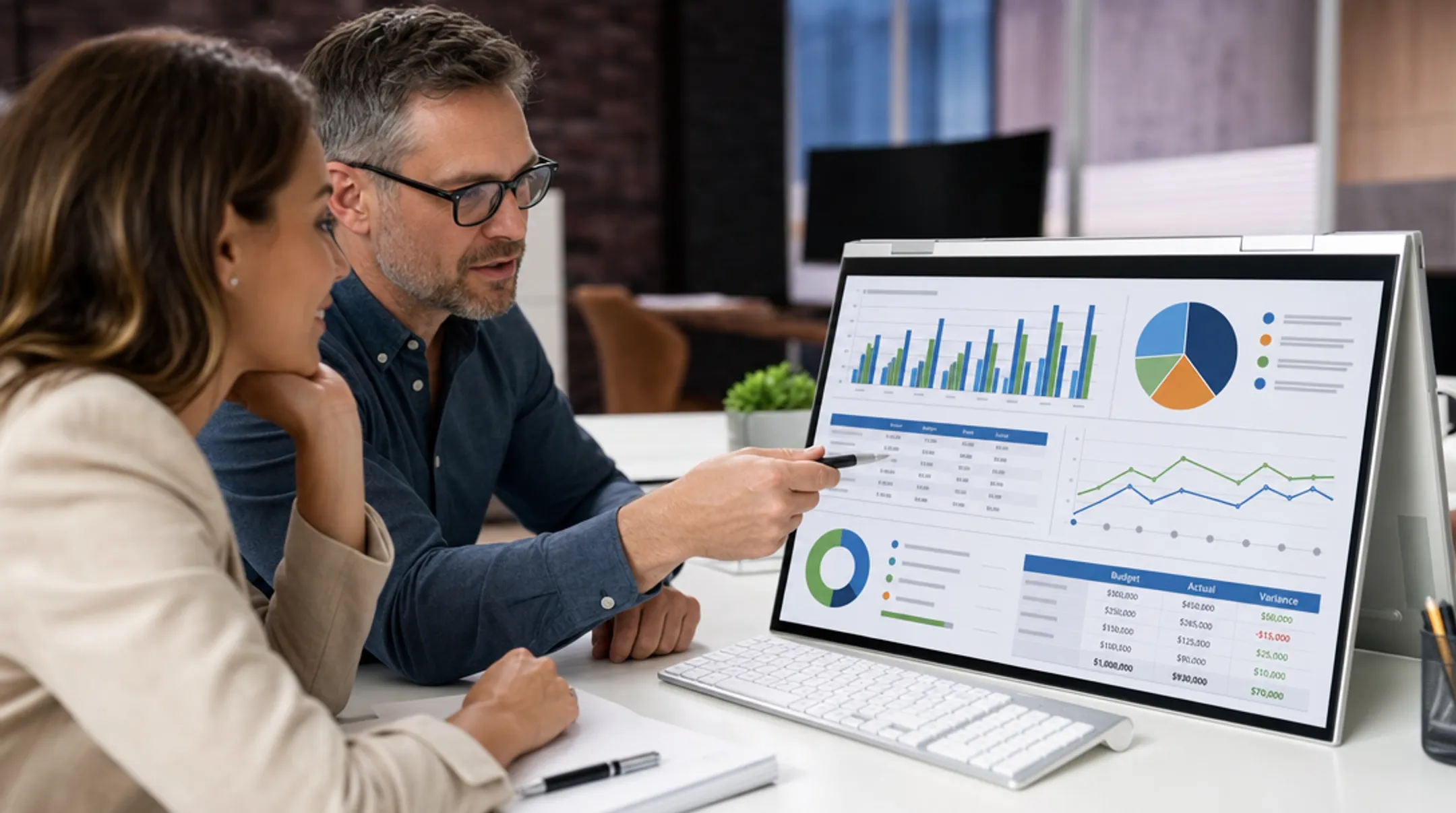 Nonprofit finance team reviewing ERP software dashboard on office computer