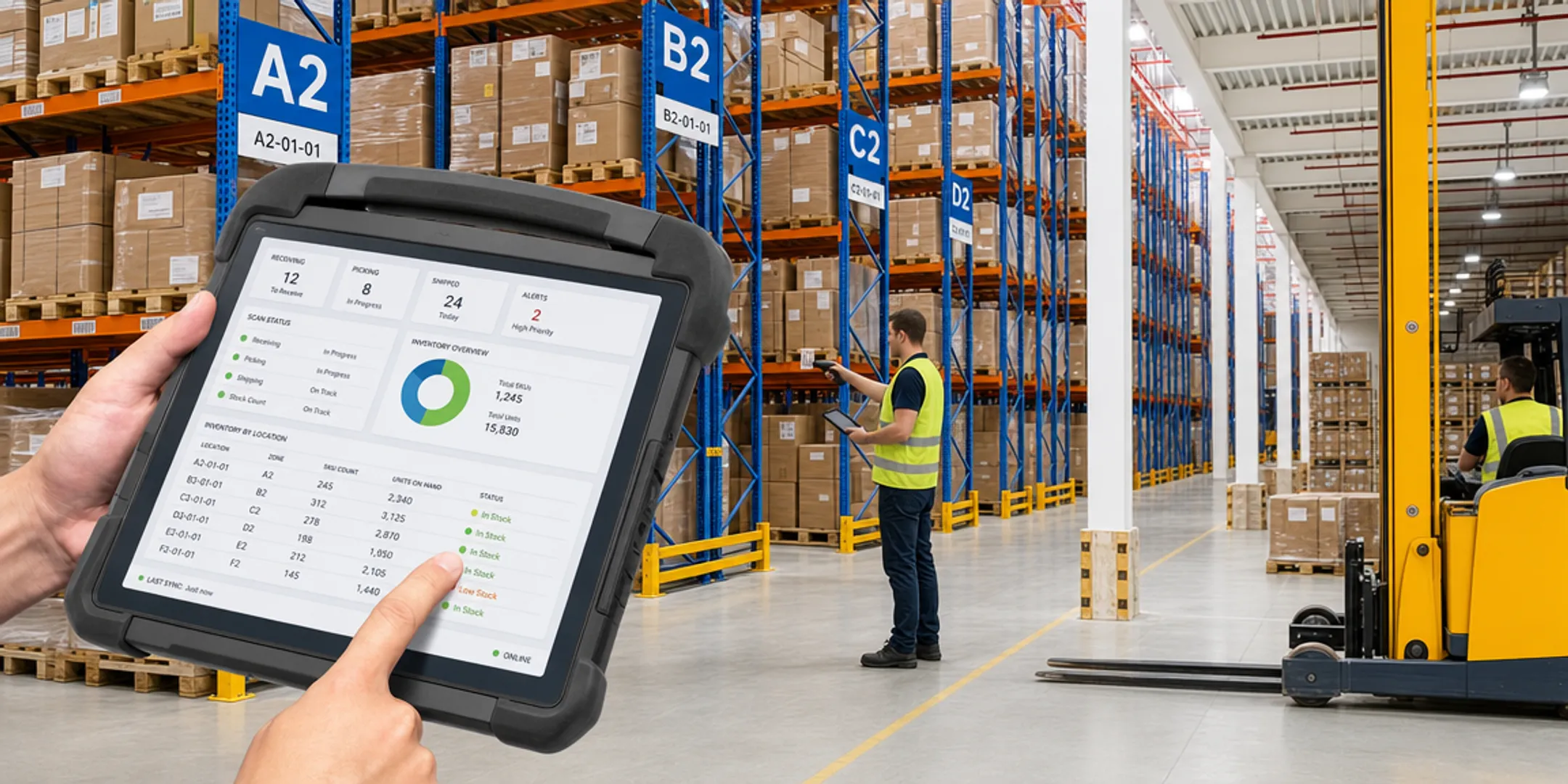 Warehouse management system interface tracking inventory across multiple locations