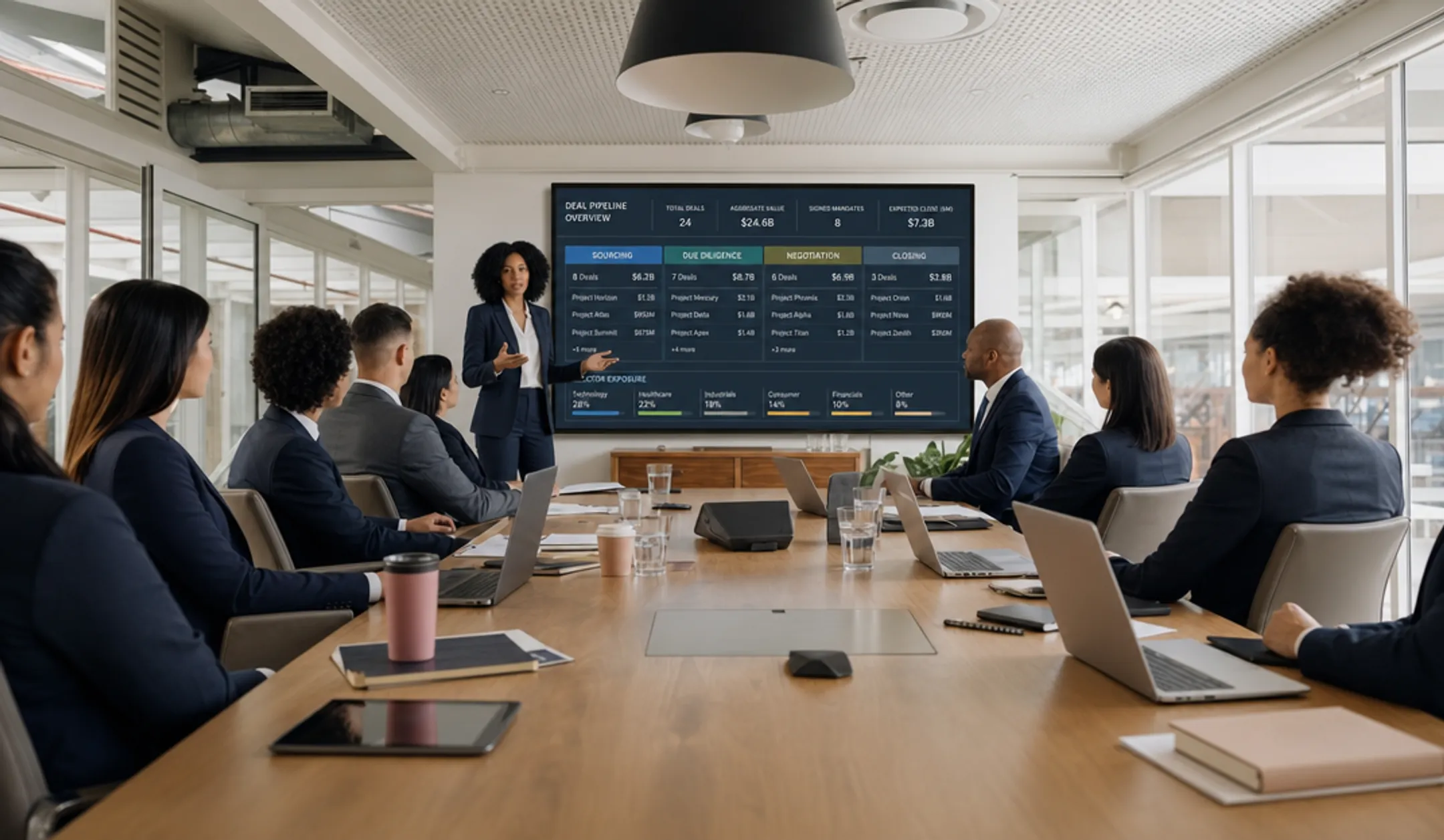 Enterprise banking team reviewing deal pipeline on large screen
