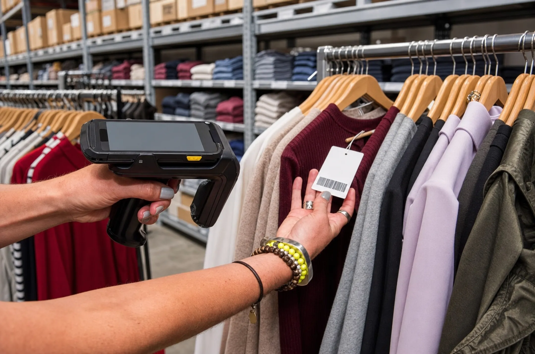 Retail warehouse staff using barcode scanners for apparel stock counts