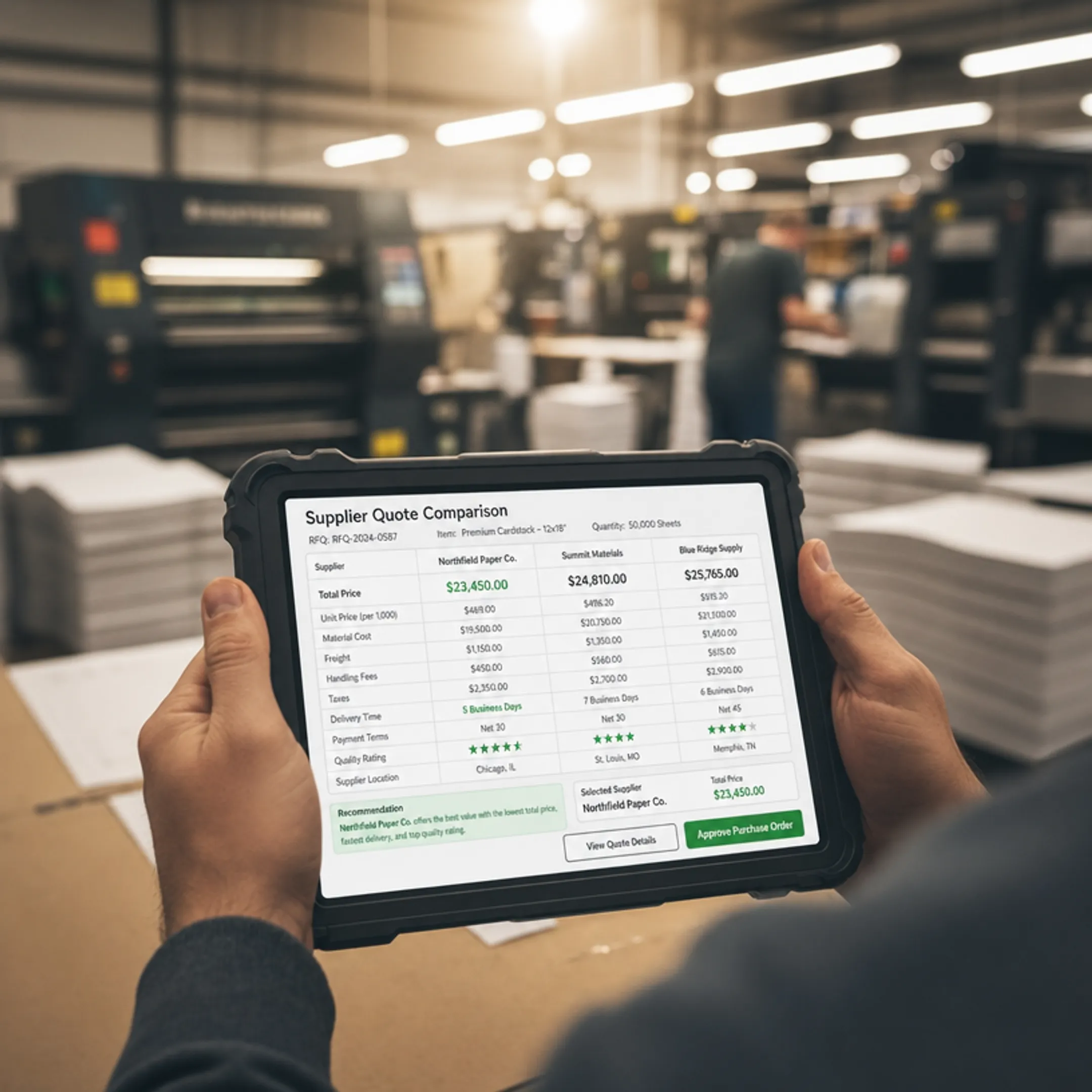 Manufacturing procurement team reviewing vendor quotes on digital dashboard