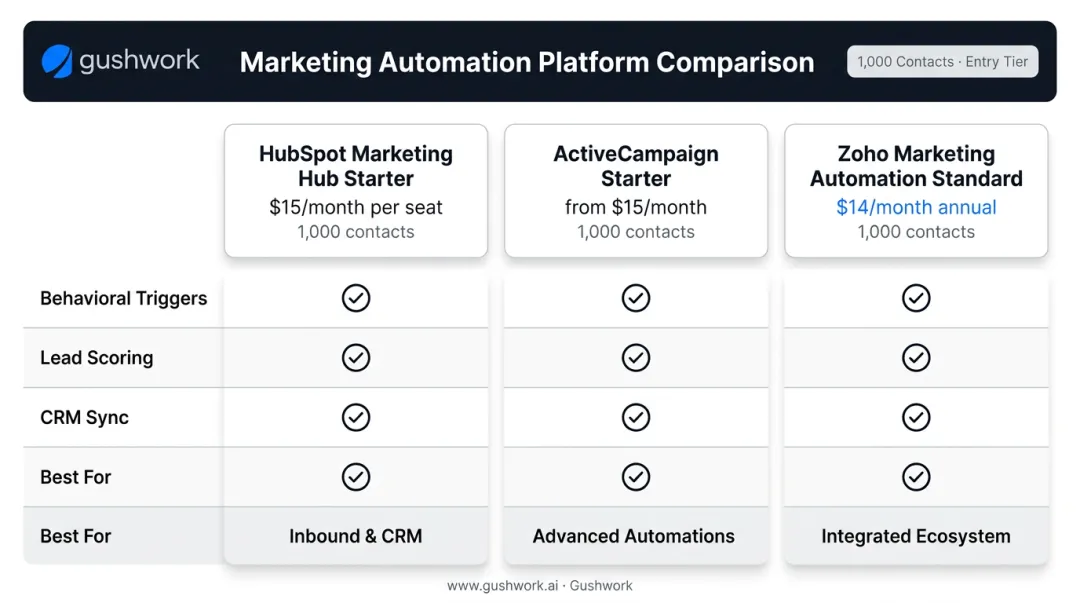 B2B SMB marketing automation platform comparison HubSpot ActiveCampaign Zoho pricing features