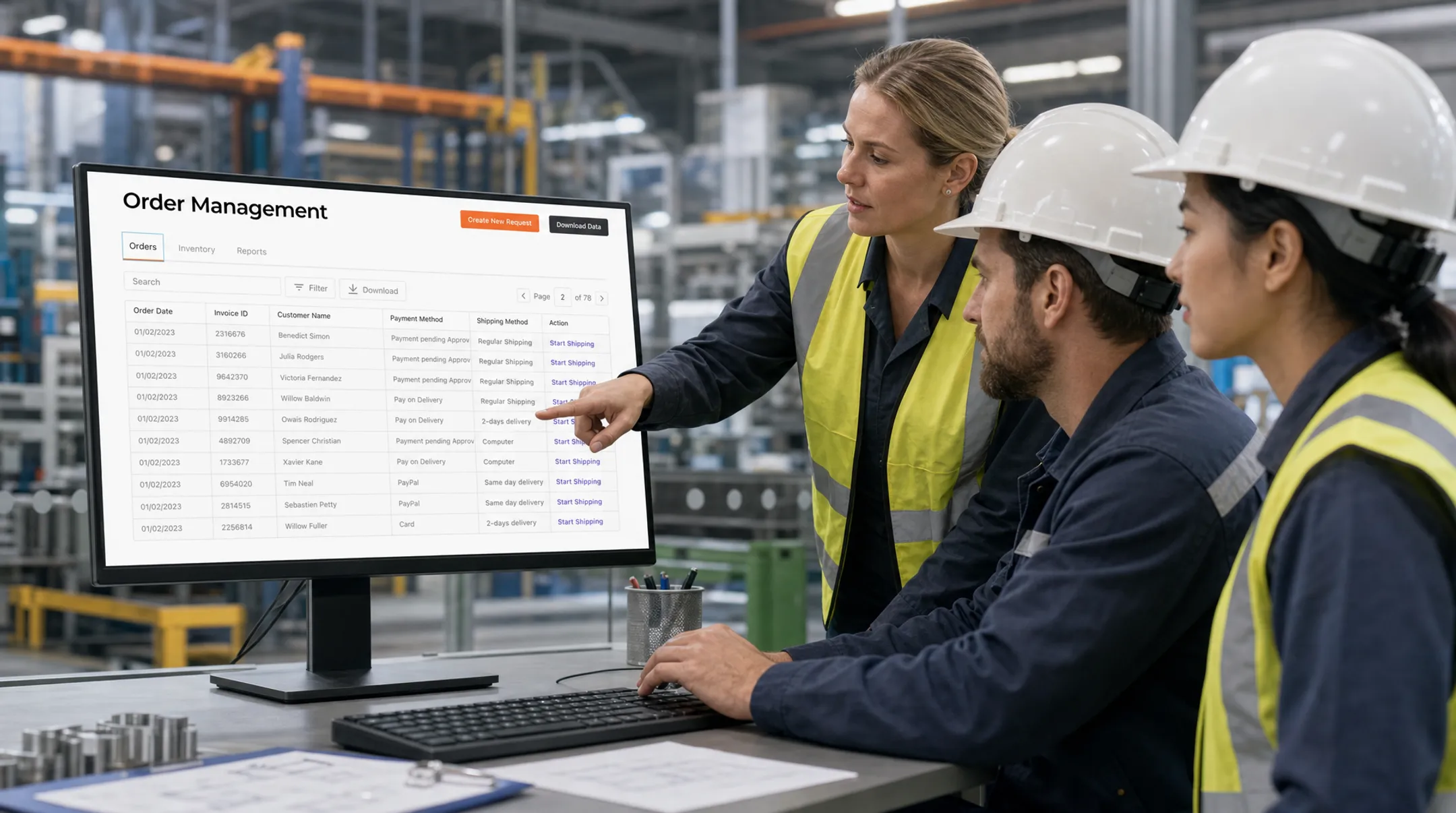 Manufacturing team reviewing automated order processing workflow on screen