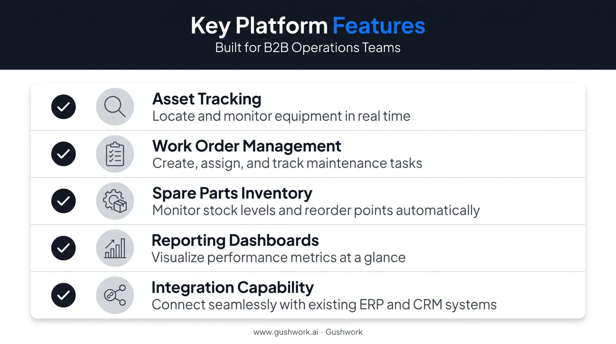 Five key ERP maintenance software features checklist infographic