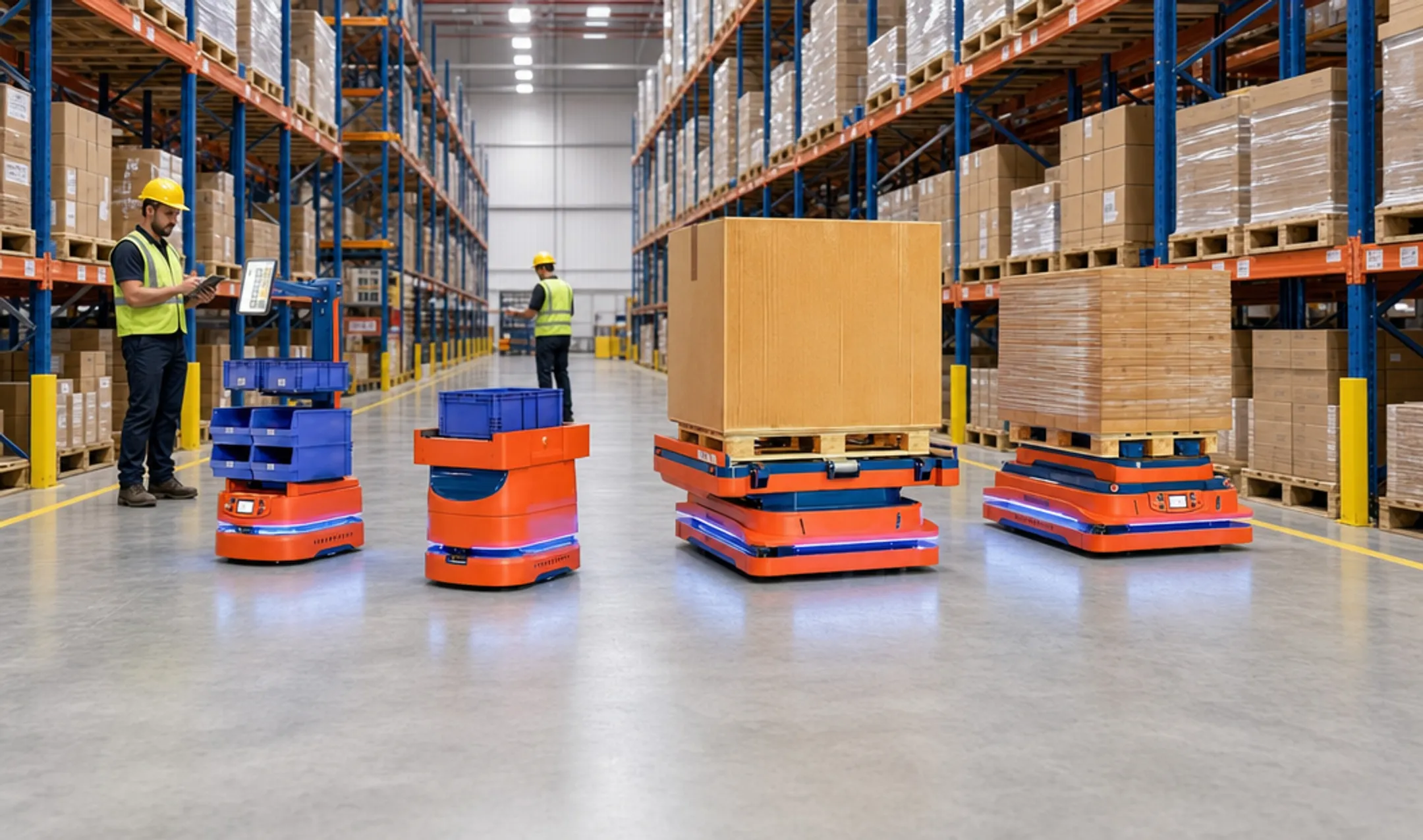 Autonomous mobile robots navigating warehouse aisles for automated fulfillment